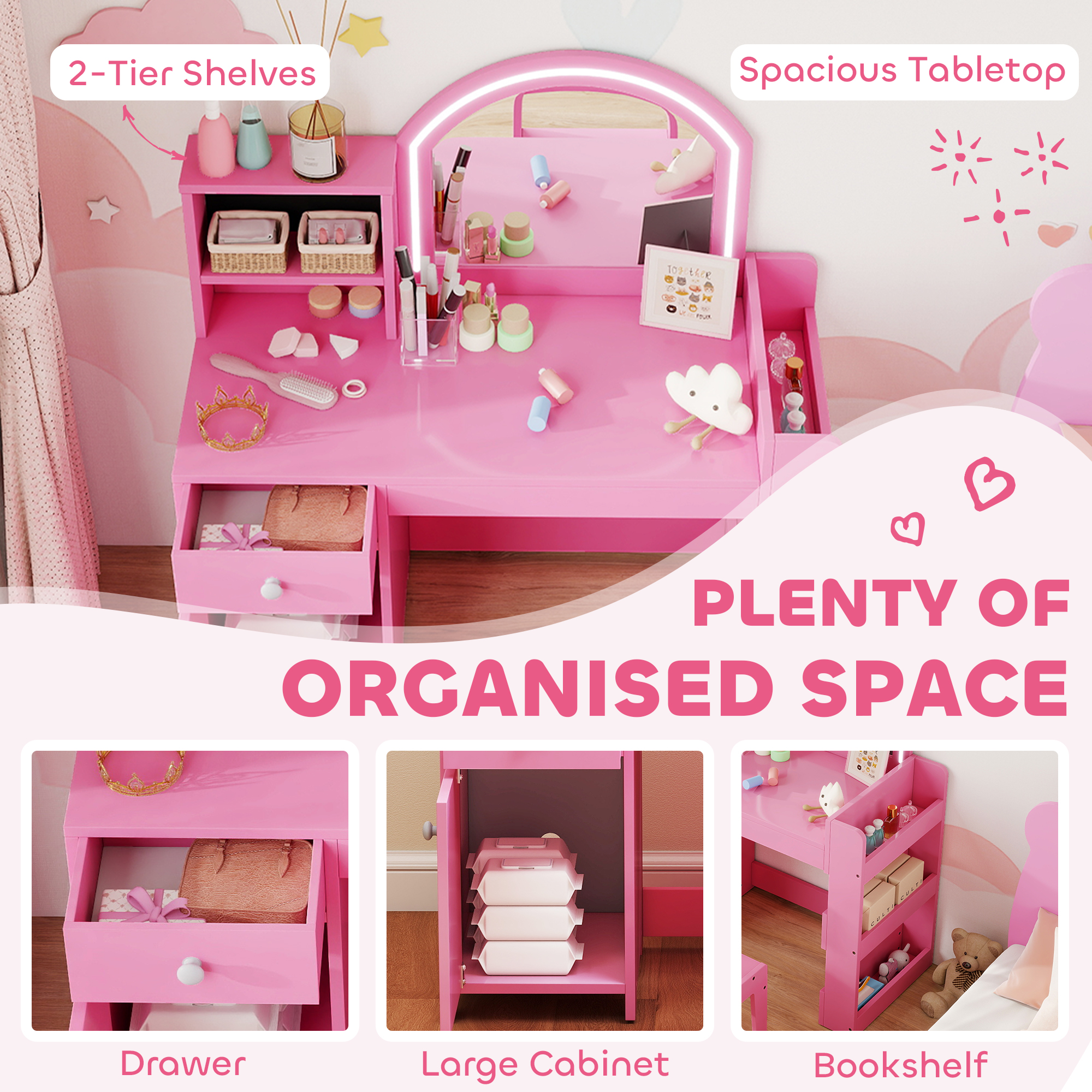 AIYAPLAY Kids Vanity Table and Chair Set, Girls Dressing Table with 2-Colour LED Mirror, Stool, Cabinet, Drawer, Shelves, Pink 6