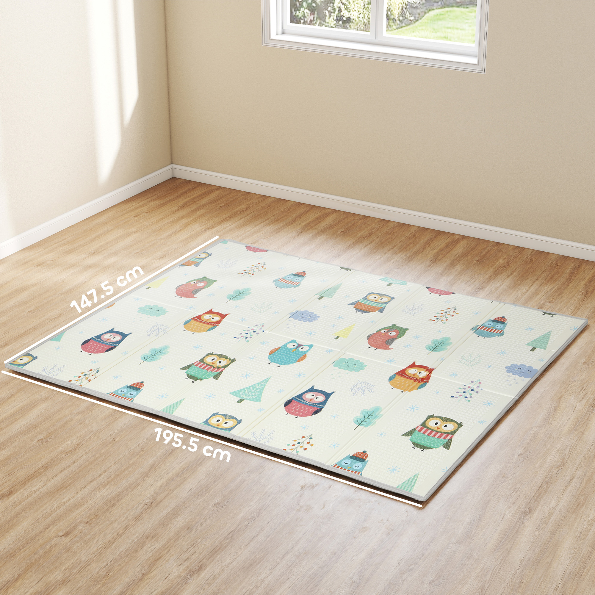 AIYAPLAY Foldable Baby Plat Mat Double Sided, Kids Floor Mat for Crawling, 195.5L x 147.5W cm, Car track and Owl Theme 3