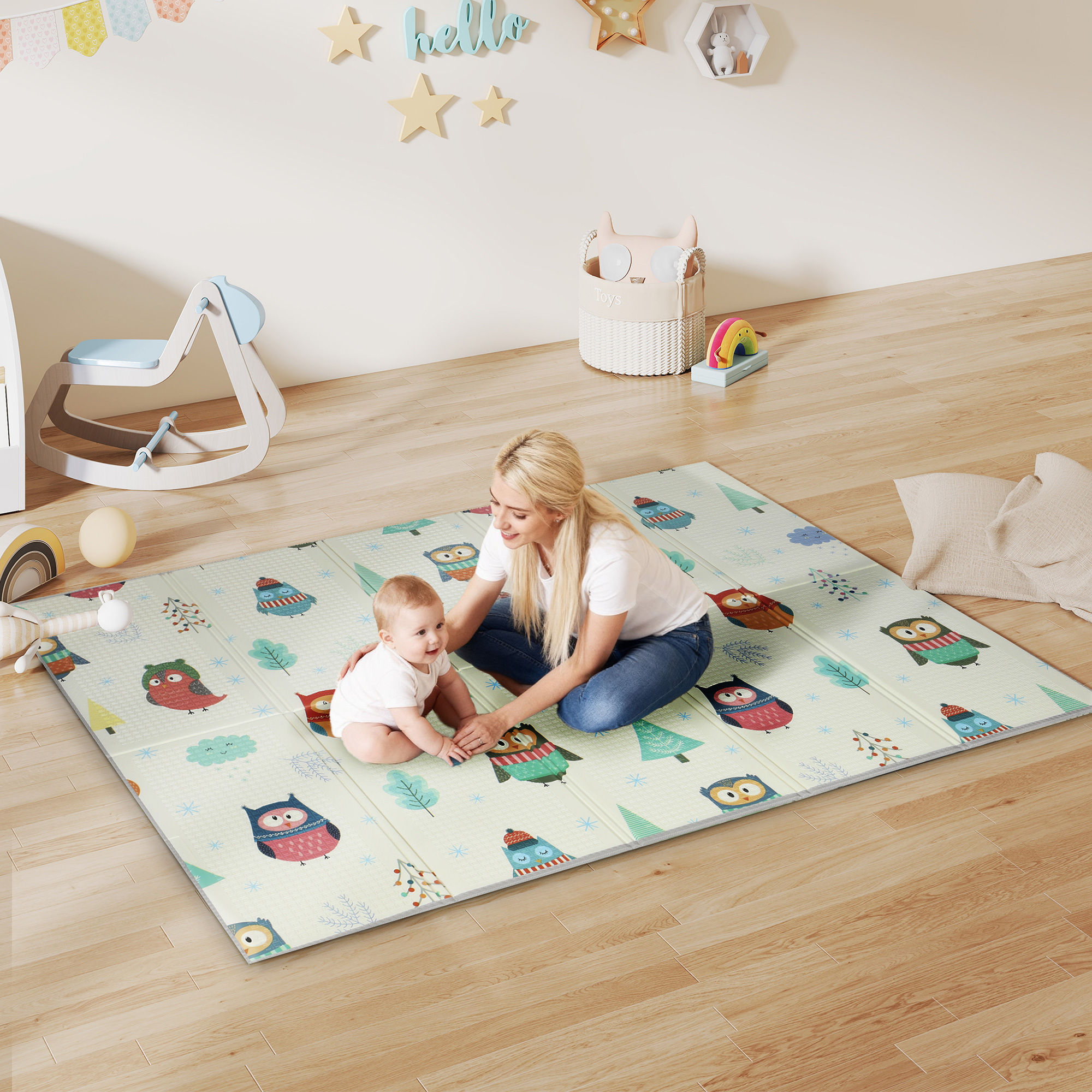 AIYAPLAY Foldable Baby Plat Mat Double Sided, Kids Floor Mat for Crawling, 195.5L x 147.5W cm, Car track and Owl Theme 2