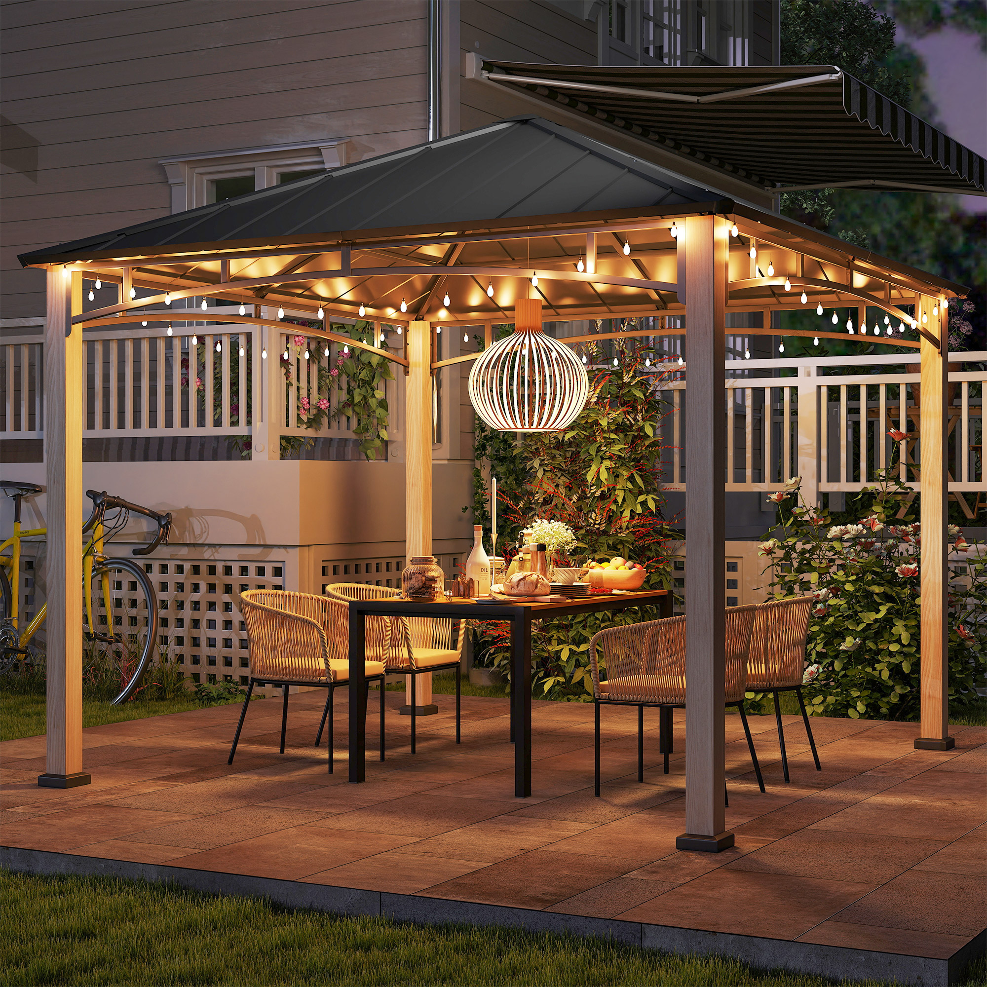 Outsunny 3 x 3 m Decorative Metal Gazebo Black/Wood-Effect 7