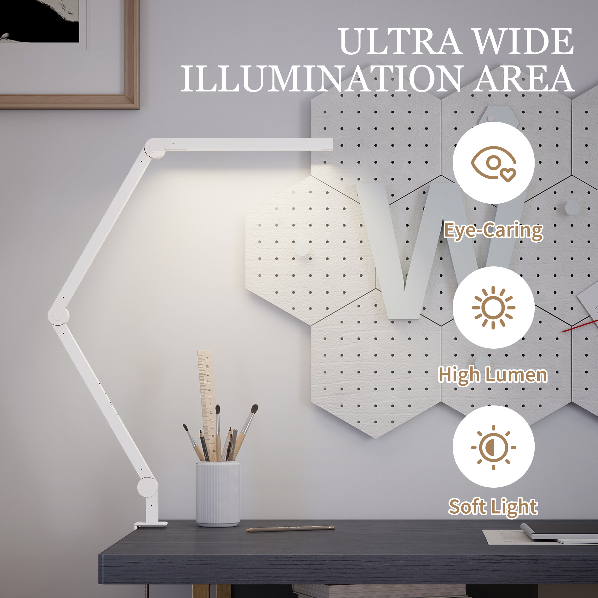 HOMCOM LED Desk Lamp, Dimmable Desk Light with Swing Arm and Clamp, Adjustable Eye-Caring Table Lamp with 2 Colour Modes & 5 Brightness Levels for Study, Drawing, Office, Architect, Task, White 6