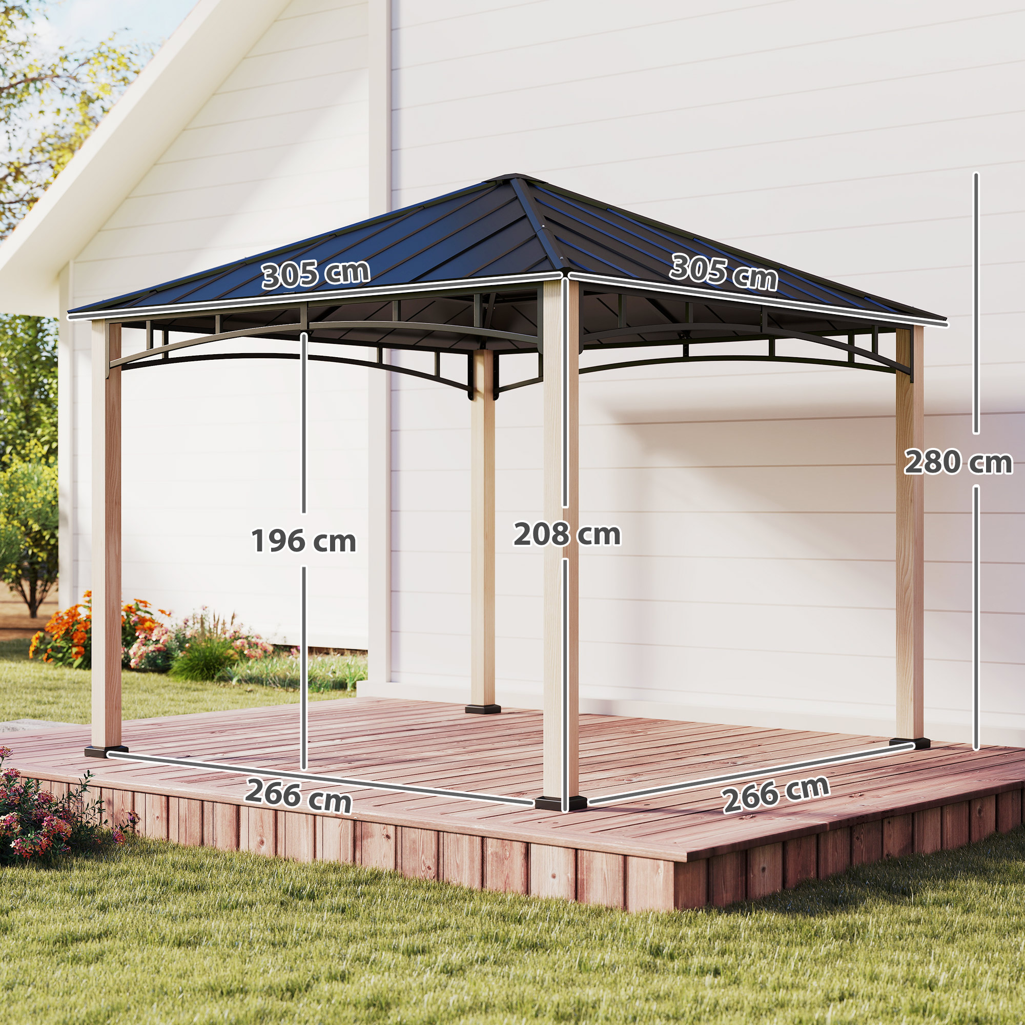 Outsunny 3 x 3 m Decorative Metal Gazebo Black/Wood-Effect 3