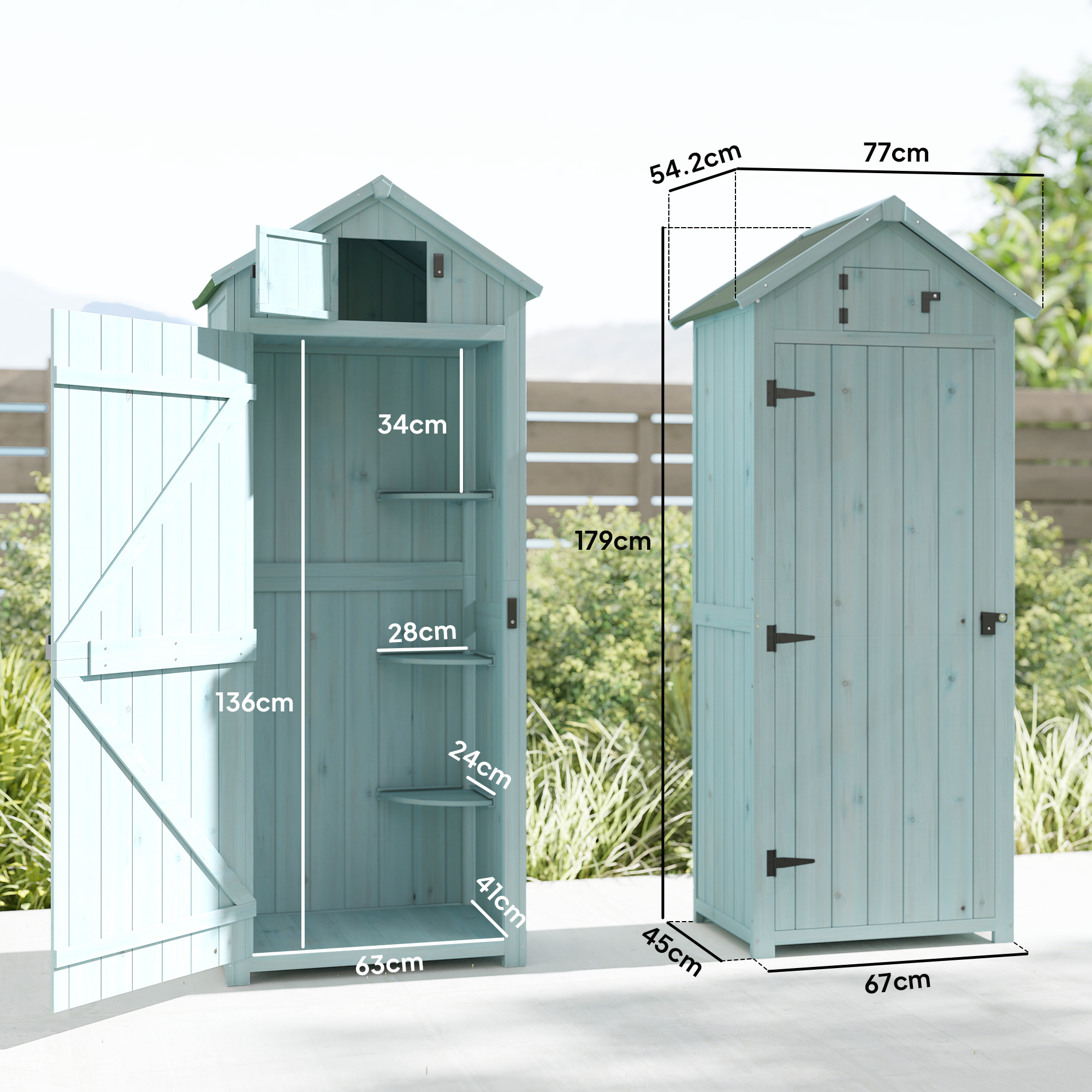 Outsunny Garden Shed Vertical Utility 3 Shelves Shed Wood Outdoor Garden Tool Storage Unit Storage Cabinet, 77 x 54.2 x 179cm Blue 3