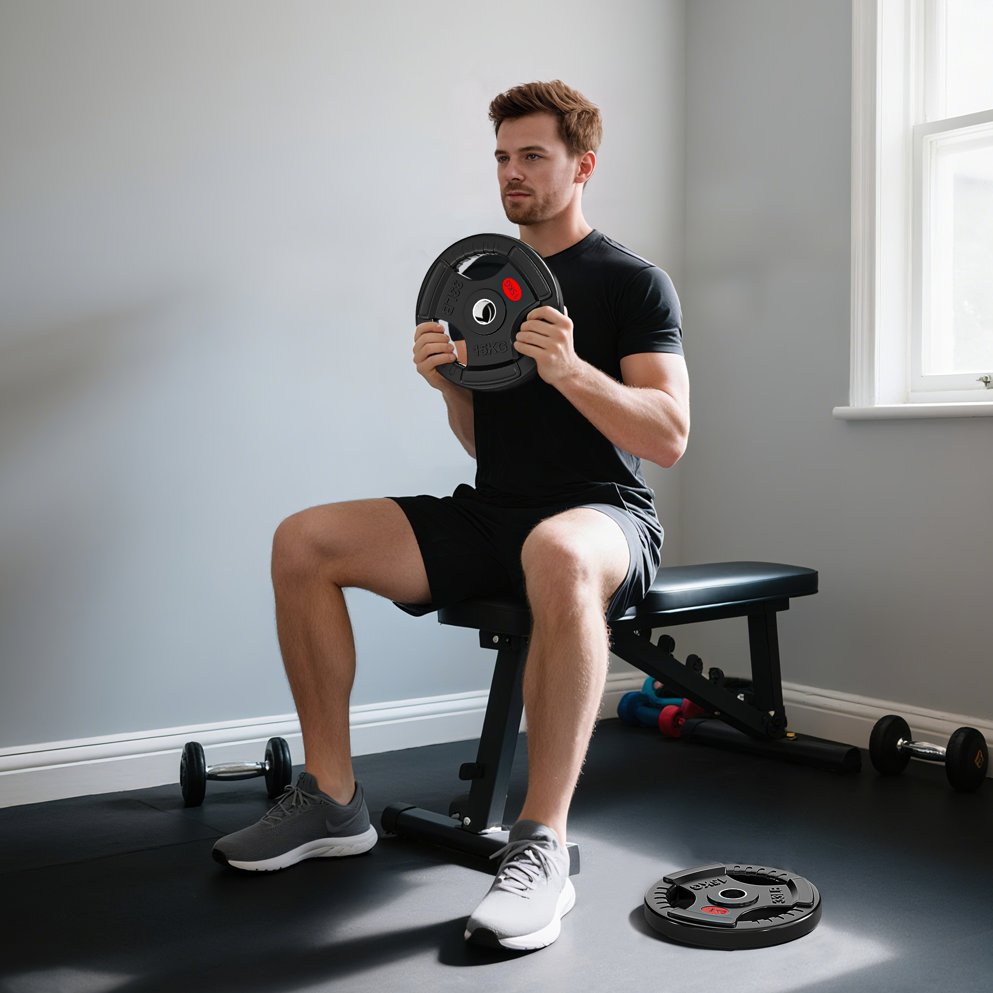 SPORTNOW Olympic Weight Plates, 2"/5cm Weight Disc Pair with Tri-Grips, 2 x 15kg Dumbbell Plates for Weightlifting and Strength Training Home Gym Fitness Workout, Black 2