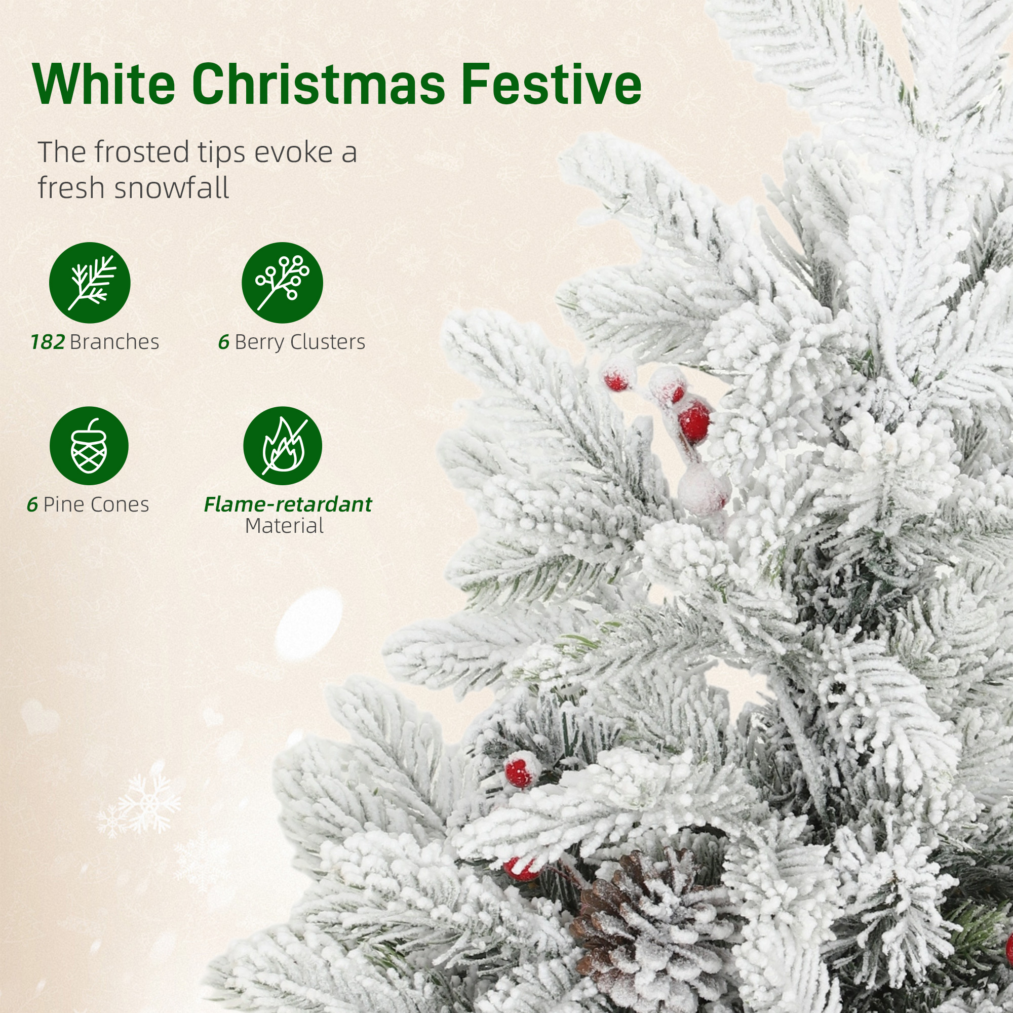 HOMCOM 60 cm Prelit Small Christmas Tree with 35 LED Lights, Snow Flocked Tabletop Mini Xmas Tree with Pine Cones, Berry Clusters and Linen Cover Base, Battery Operated, Green 6