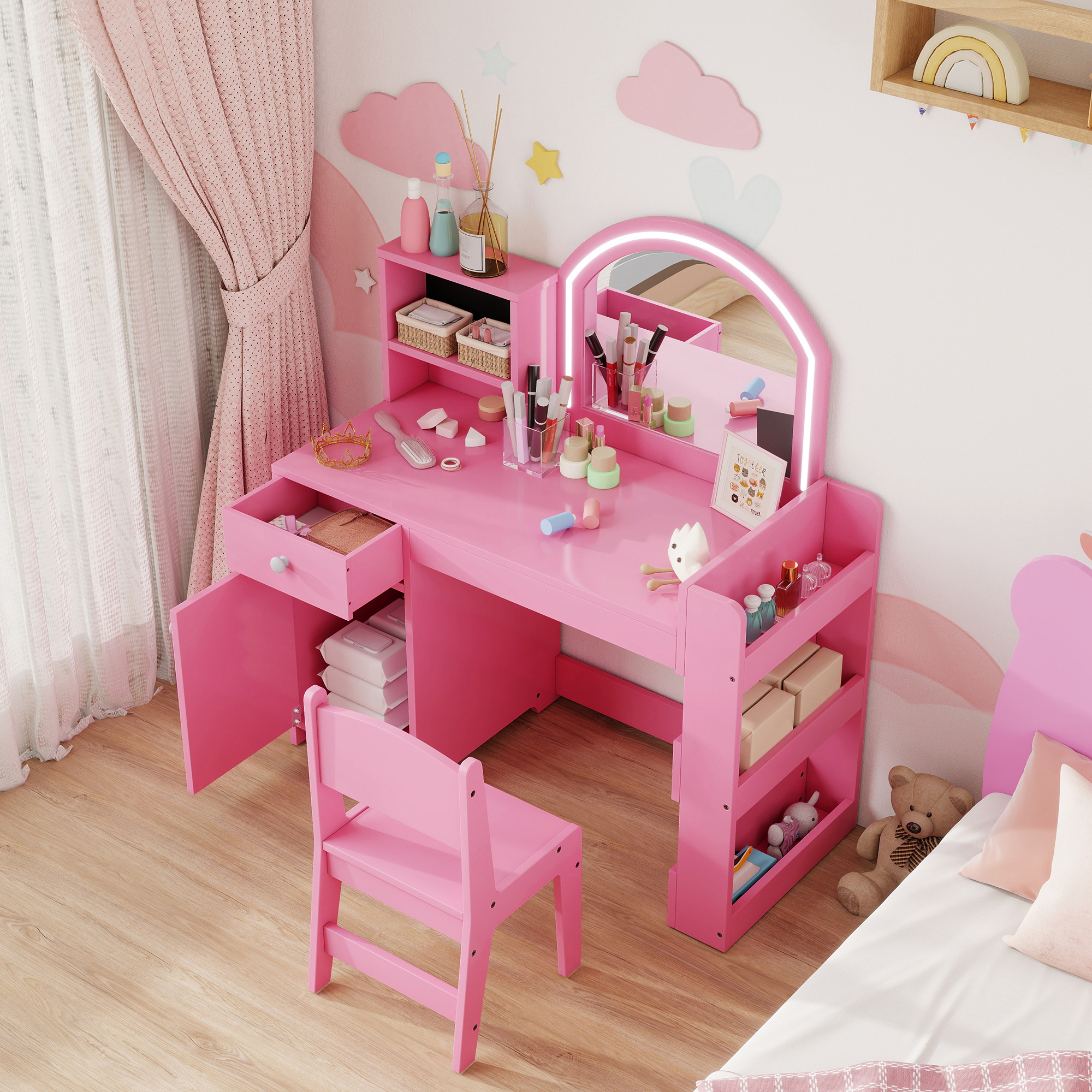 AIYAPLAY Kids Vanity Table and Chair Set, Girls Dressing Table with 2-Colour LED Mirror, Stool, Cabinet, Drawer, Shelves, Pink 9