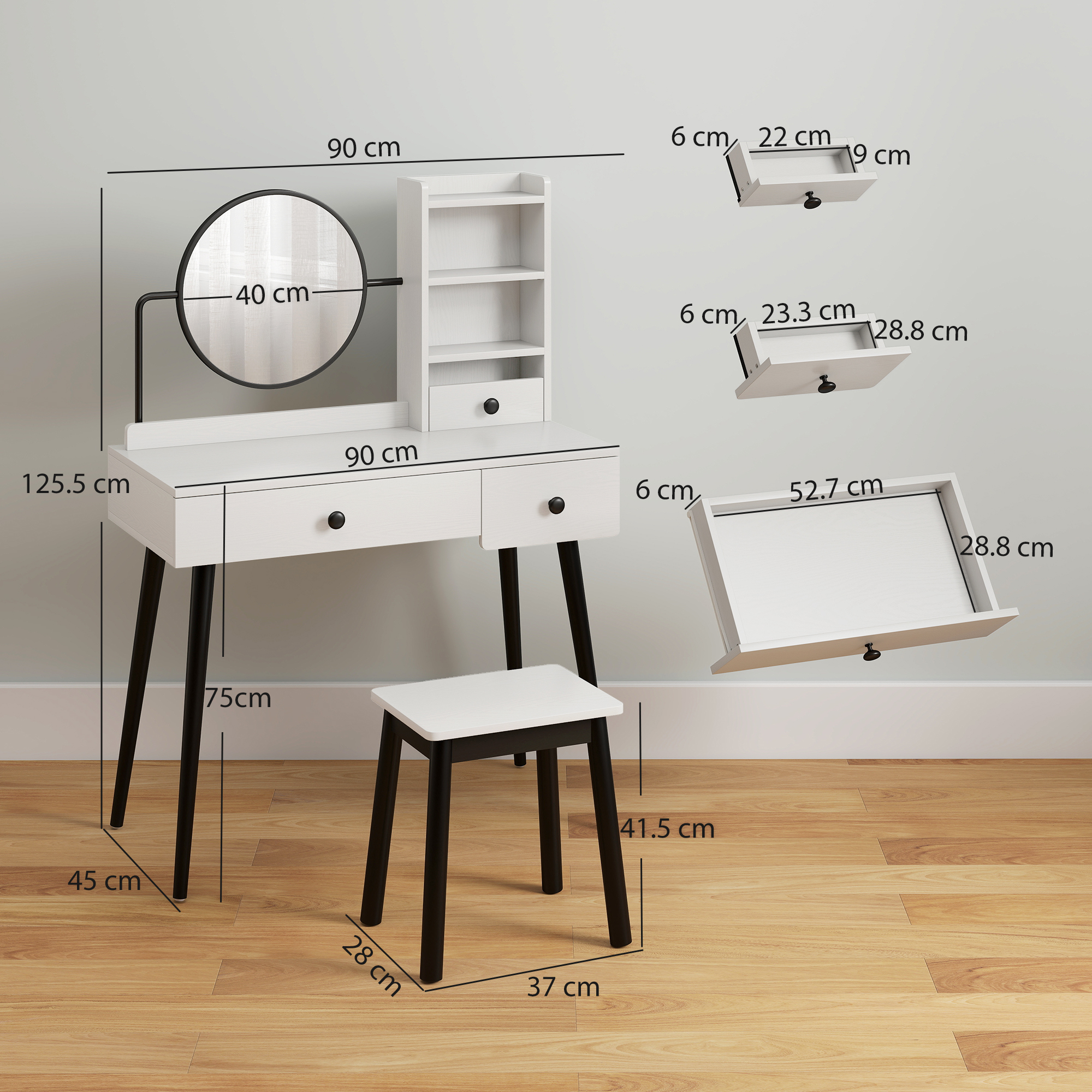 HOMCOM Dressing Table Set with Mirror and Stool, Vanity Makeup Table with 3 Drawers and Open Shelves for Bedroom, Living Room, White 3