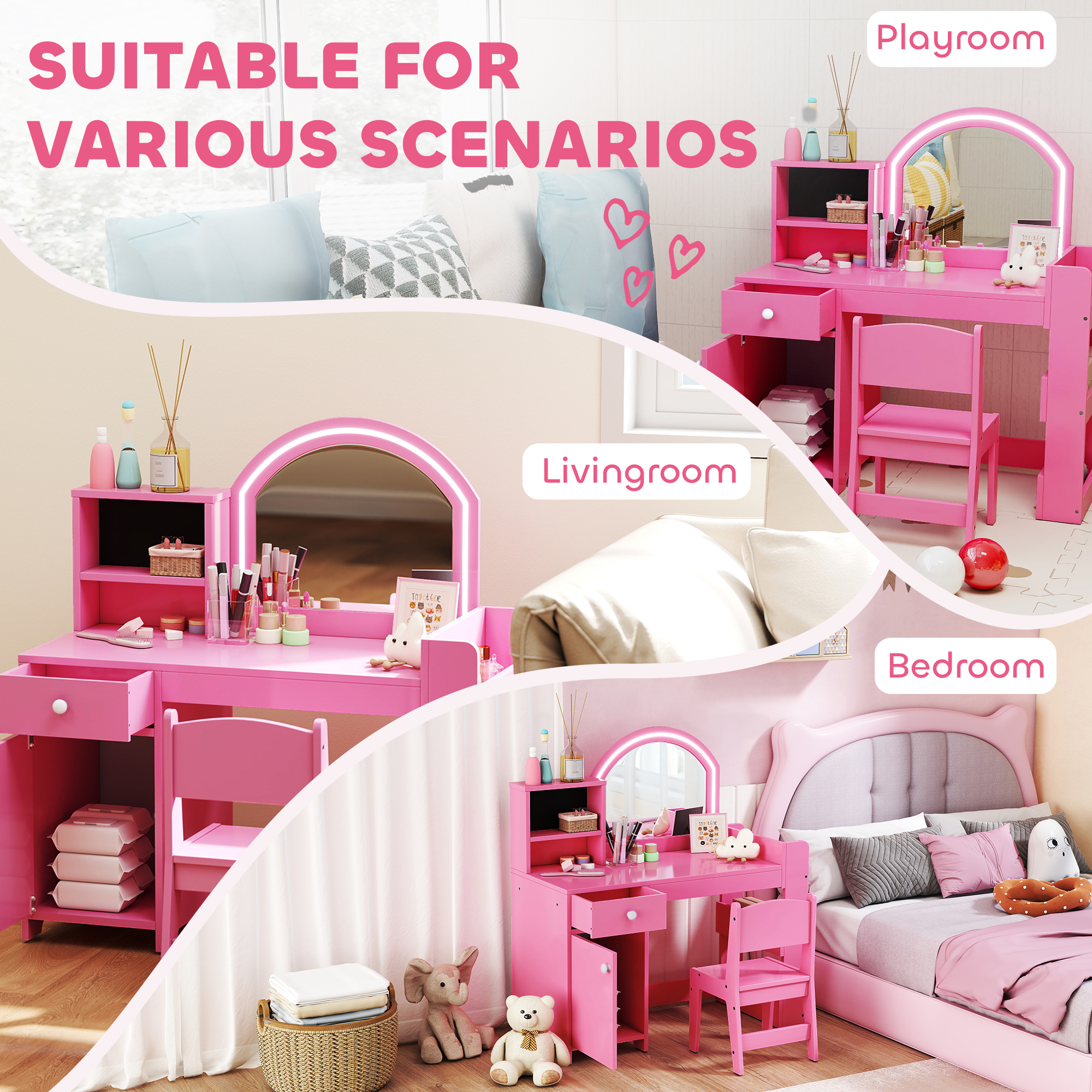 AIYAPLAY Kids Vanity Table and Chair Set, Girls Dressing Table with 2-Colour LED Mirror, Stool, Cabinet, Drawer, Shelves, Pink 8