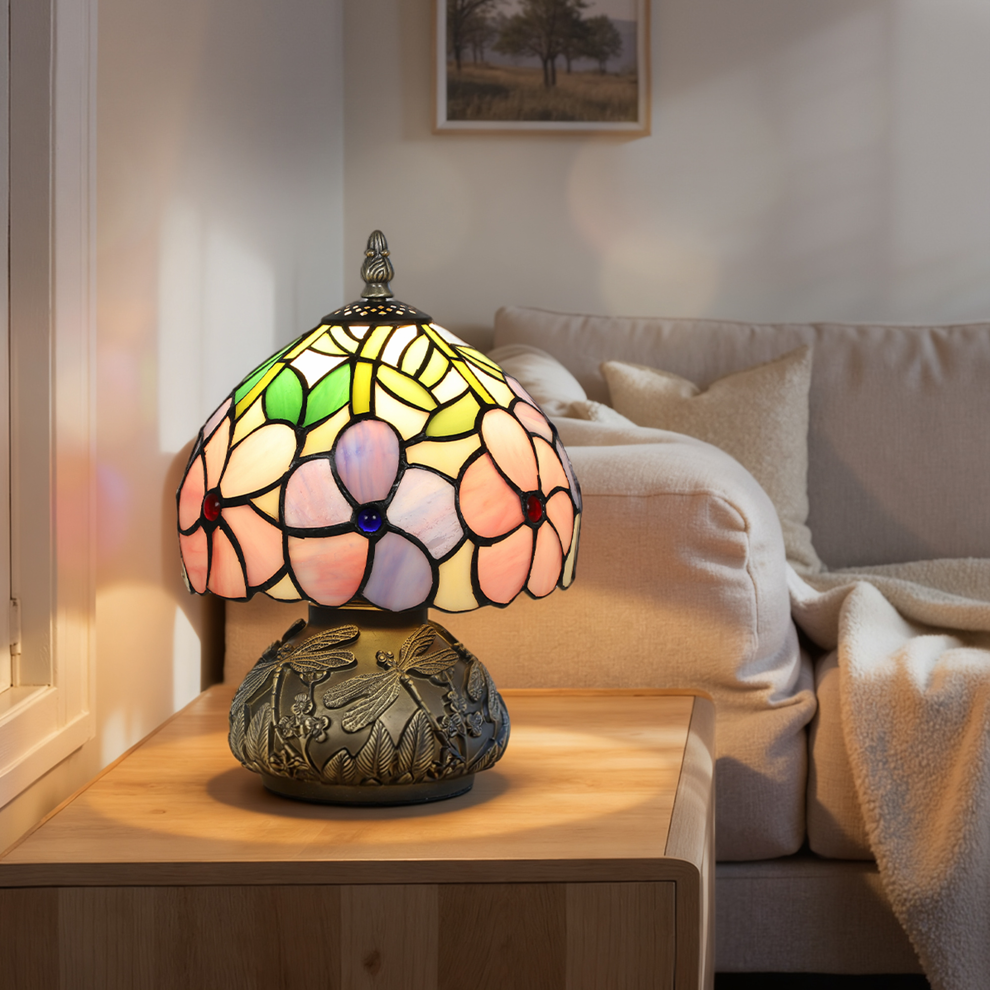 HOMCOM Tiffany-Style Table Lamp with Sculpted Dragonfly Base, Handcrafted Antique Stained Glass Bedside Lamp for Living Room and Bedroom, E27 Socket, Pink 9