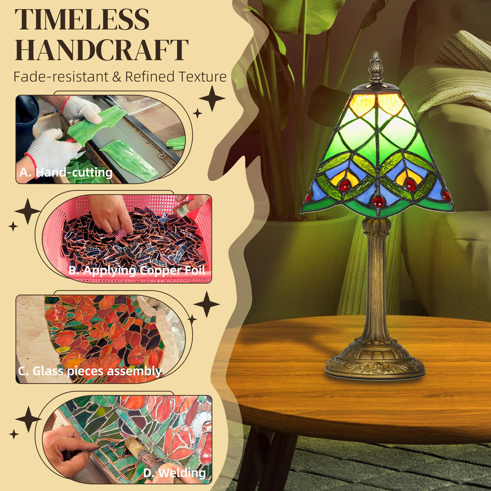 HOMCOM Tiffany-Style Table Lamp with Geometric Patterns, Handcrafted Antique Stained Glass Bedside Lamp for Living Room and Bedroom, E27 Socket, Green 5