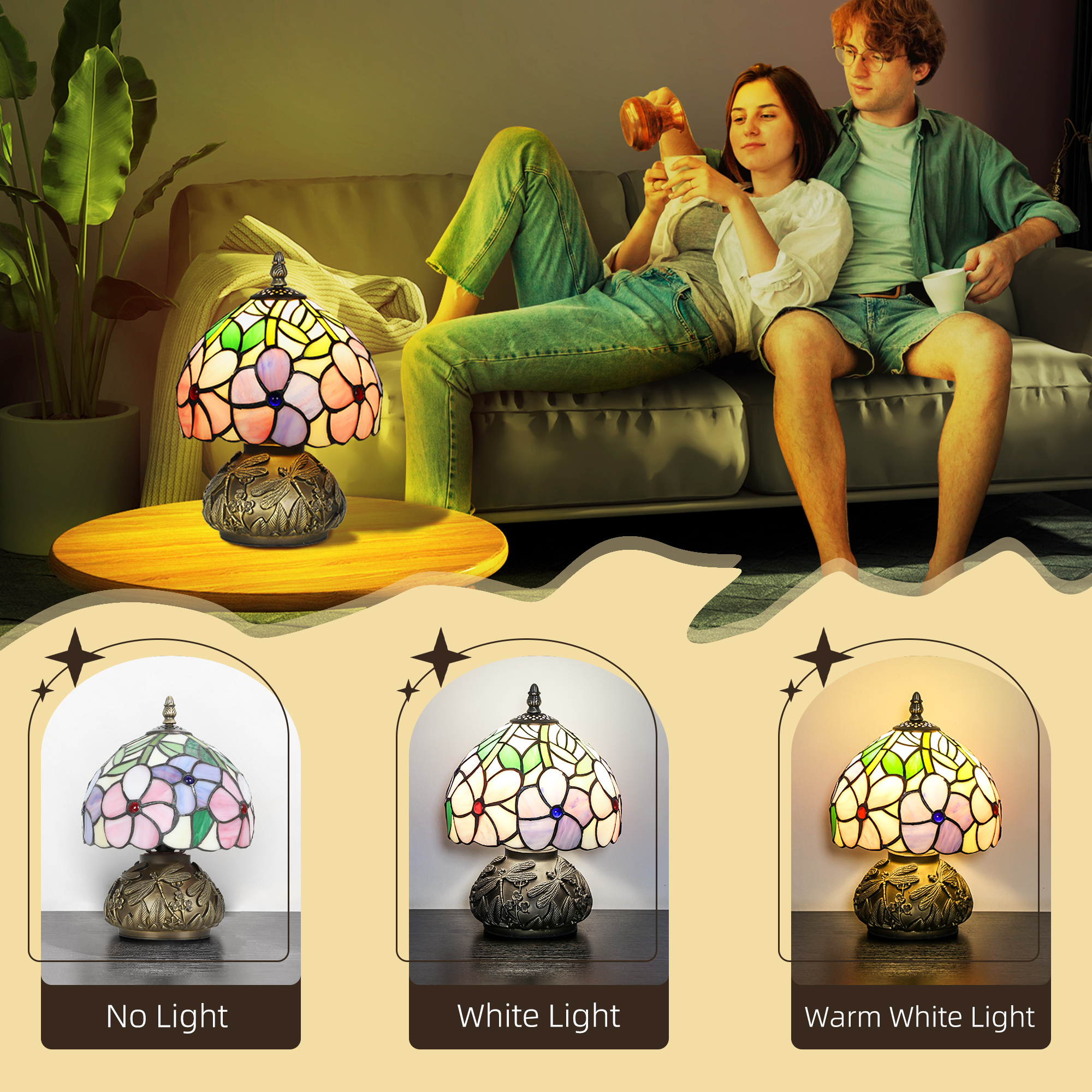 HOMCOM Tiffany-Style Table Lamp with Sculpted Dragonfly Base, Handcrafted Antique Stained Glass Bedside Lamp for Living Room and Bedroom, E27 Socket, Pink 6
