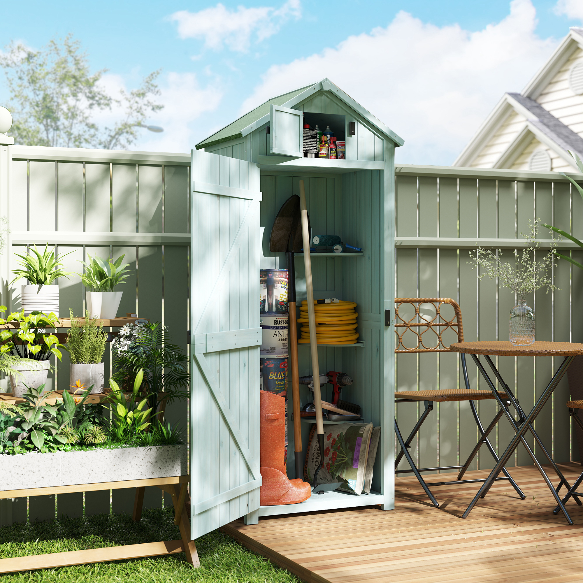 Outsunny Garden Shed Vertical Utility 3 Shelves Shed Wood Outdoor Garden Tool Storage Unit Storage Cabinet, 77 x 54.2 x 179cm Blue 2