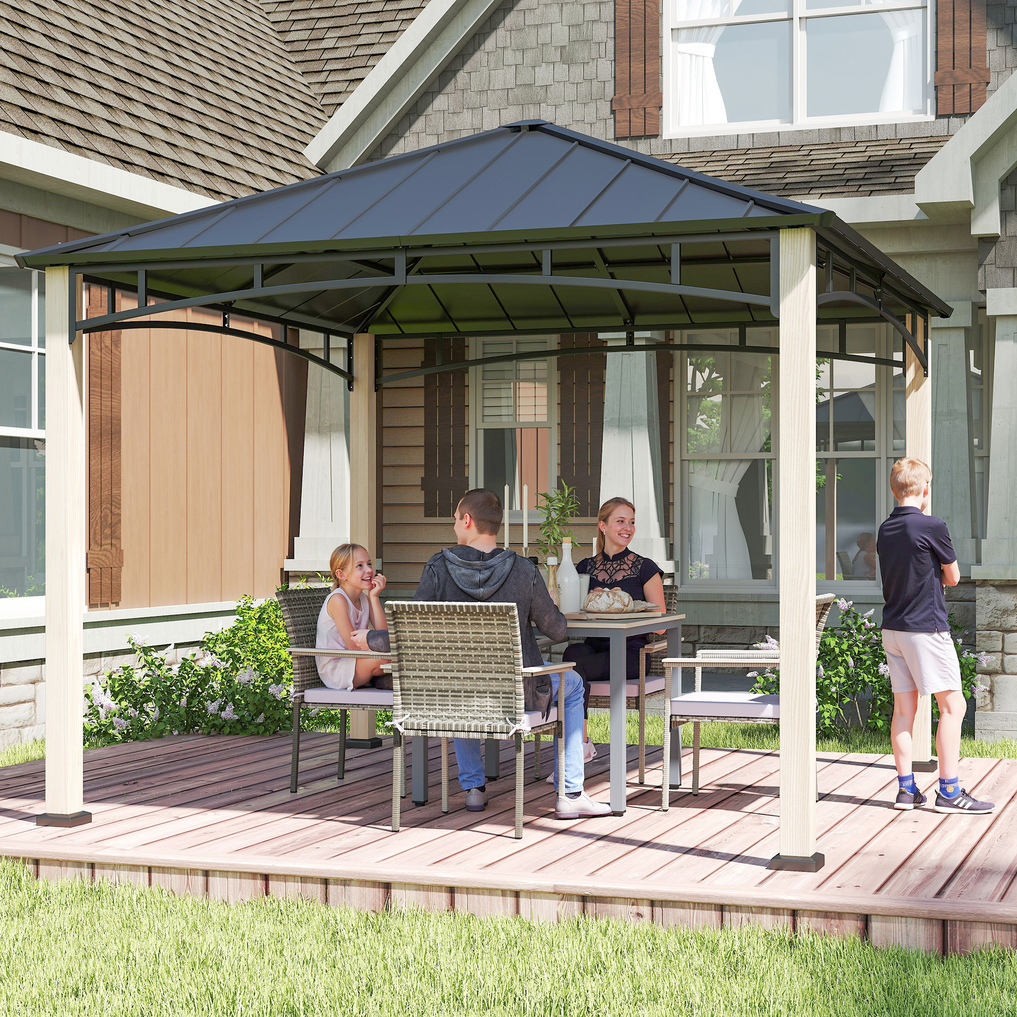 Outsunny 3 x 3 m Decorative Metal Gazebo Black/Wood-Effect 8