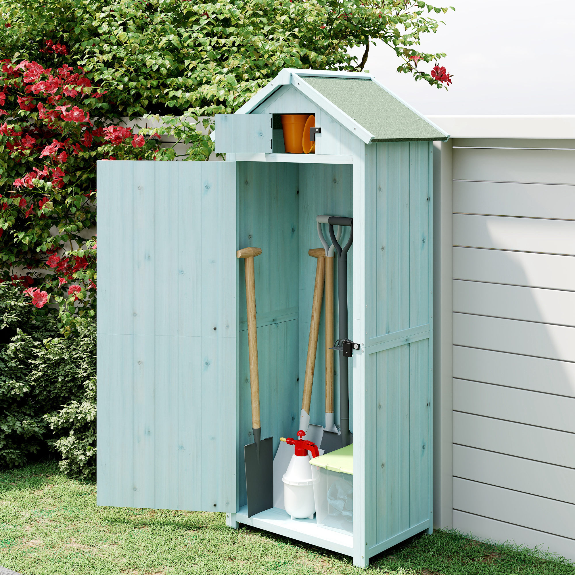 Outsunny Garden Shed Vertical Utility 3 Shelves Shed Wood Outdoor Garden Tool Storage Unit Storage Cabinet, 77 x 54.2 x 179cm Blue 9