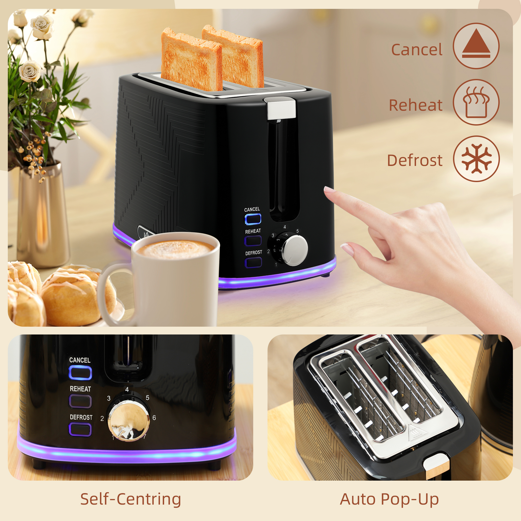 HOMCOM Modern Kettle and Toaster Set Black 8