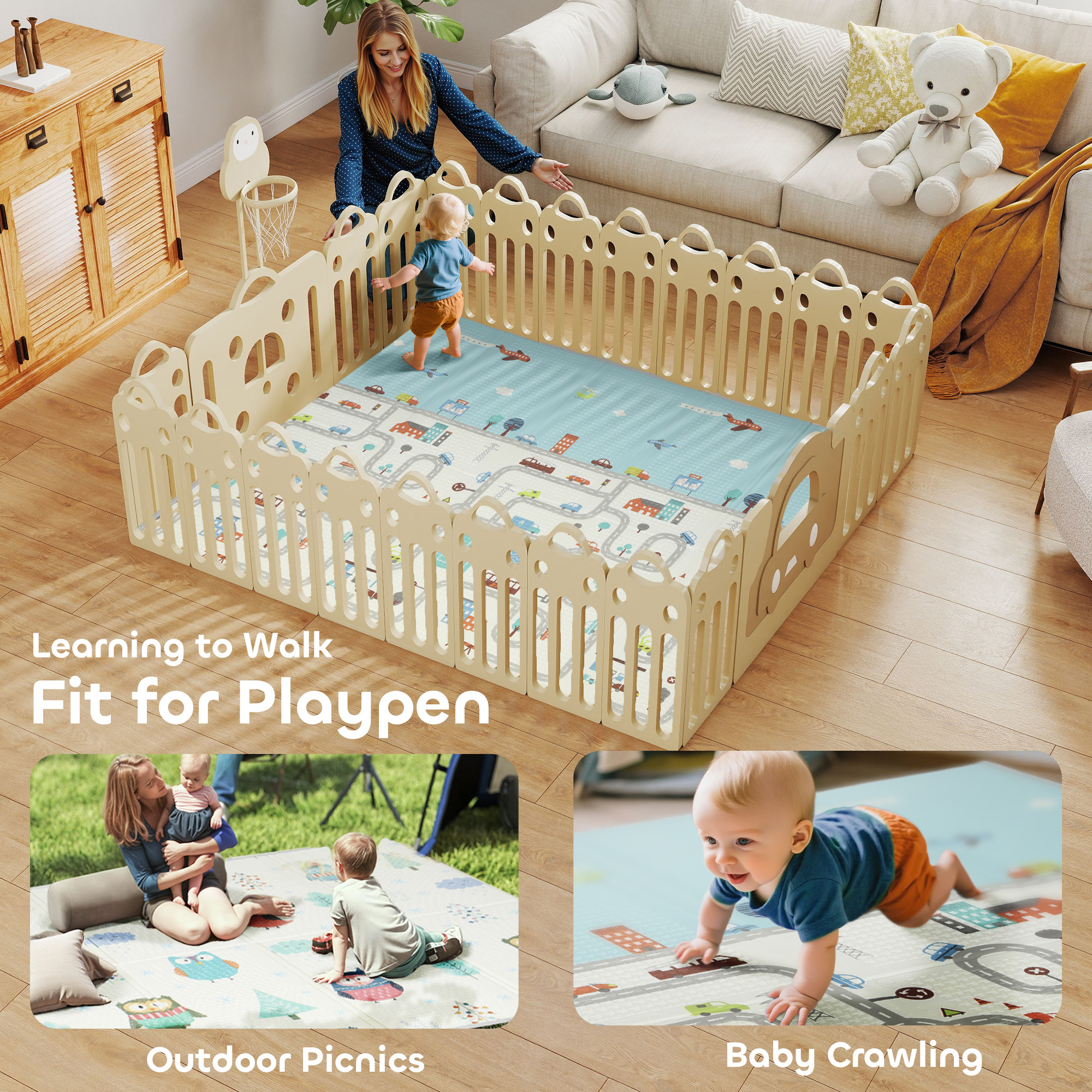 AIYAPLAY Foldable Baby Plat Mat Double Sided, Kids Floor Mat for Crawling, 195.5L x 147.5W cm, Car track and Owl Theme 7