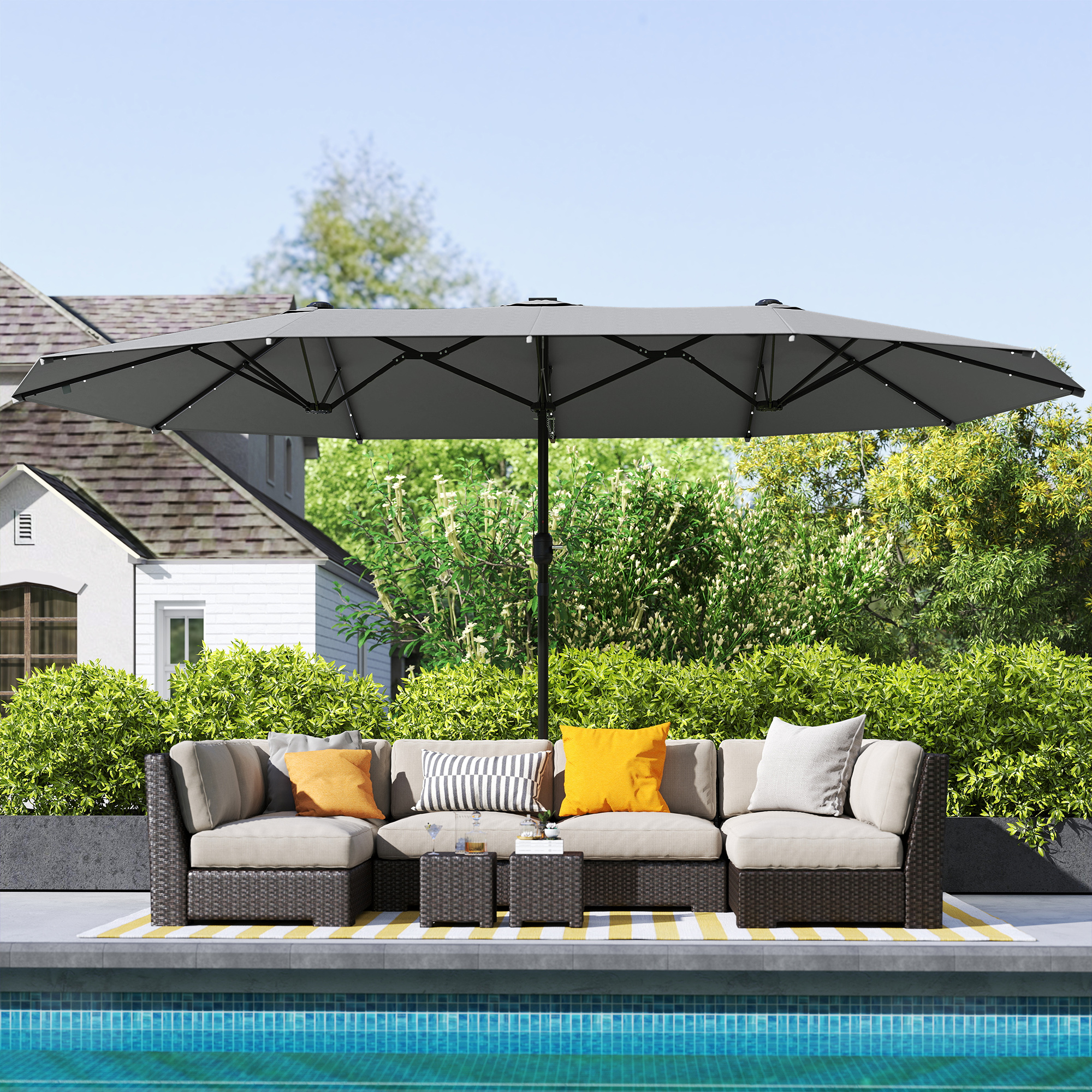 Outsunny 4.4m Double-Sided Sun Umbrella Patio Parasol LED Solar Lights Dark Grey 9