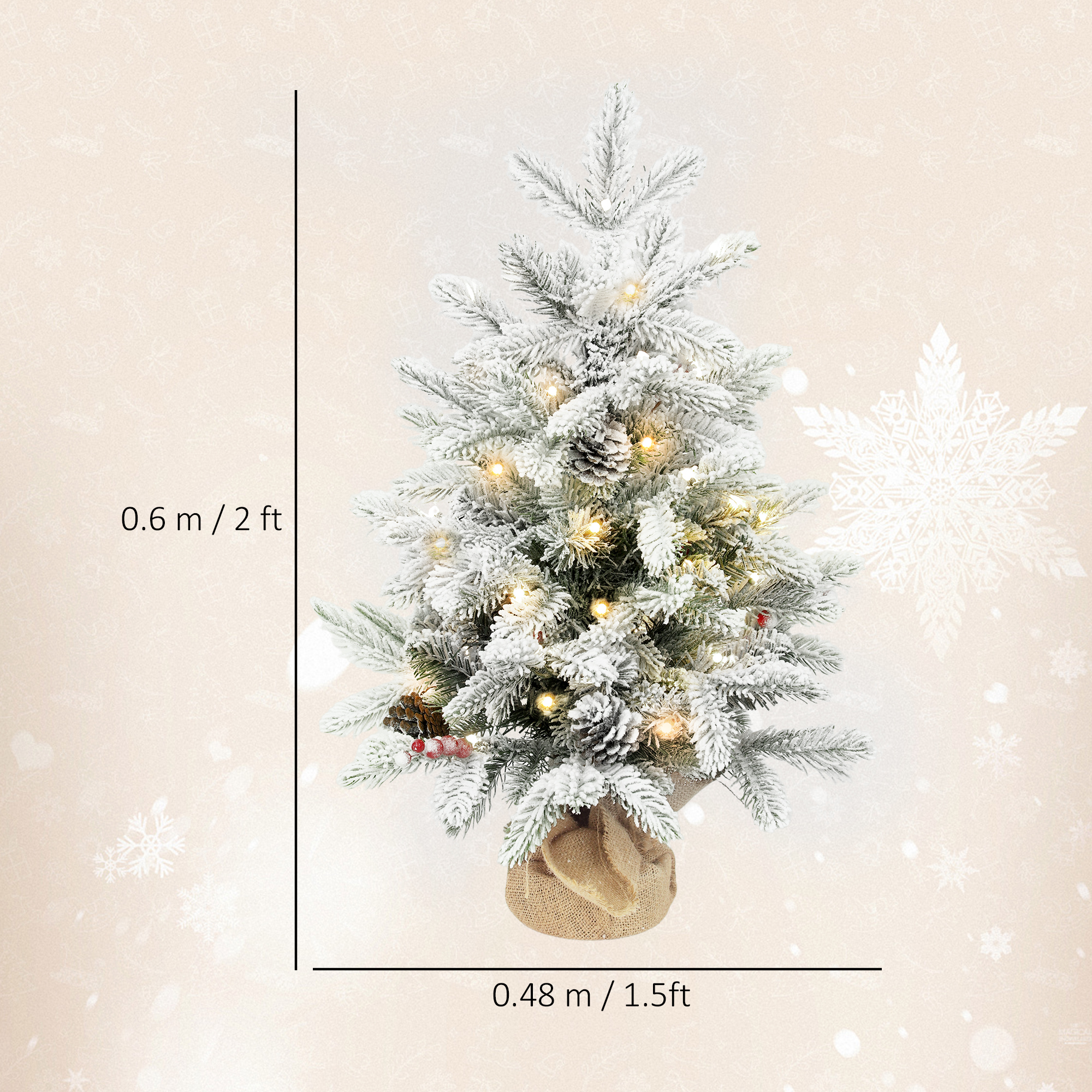HOMCOM 60 cm Prelit Small Christmas Tree with 35 LED Lights, Snow Flocked Tabletop Mini Xmas Tree with Pine Cones, Berry Clusters and Linen Cover Base, Battery Operated, Green 3