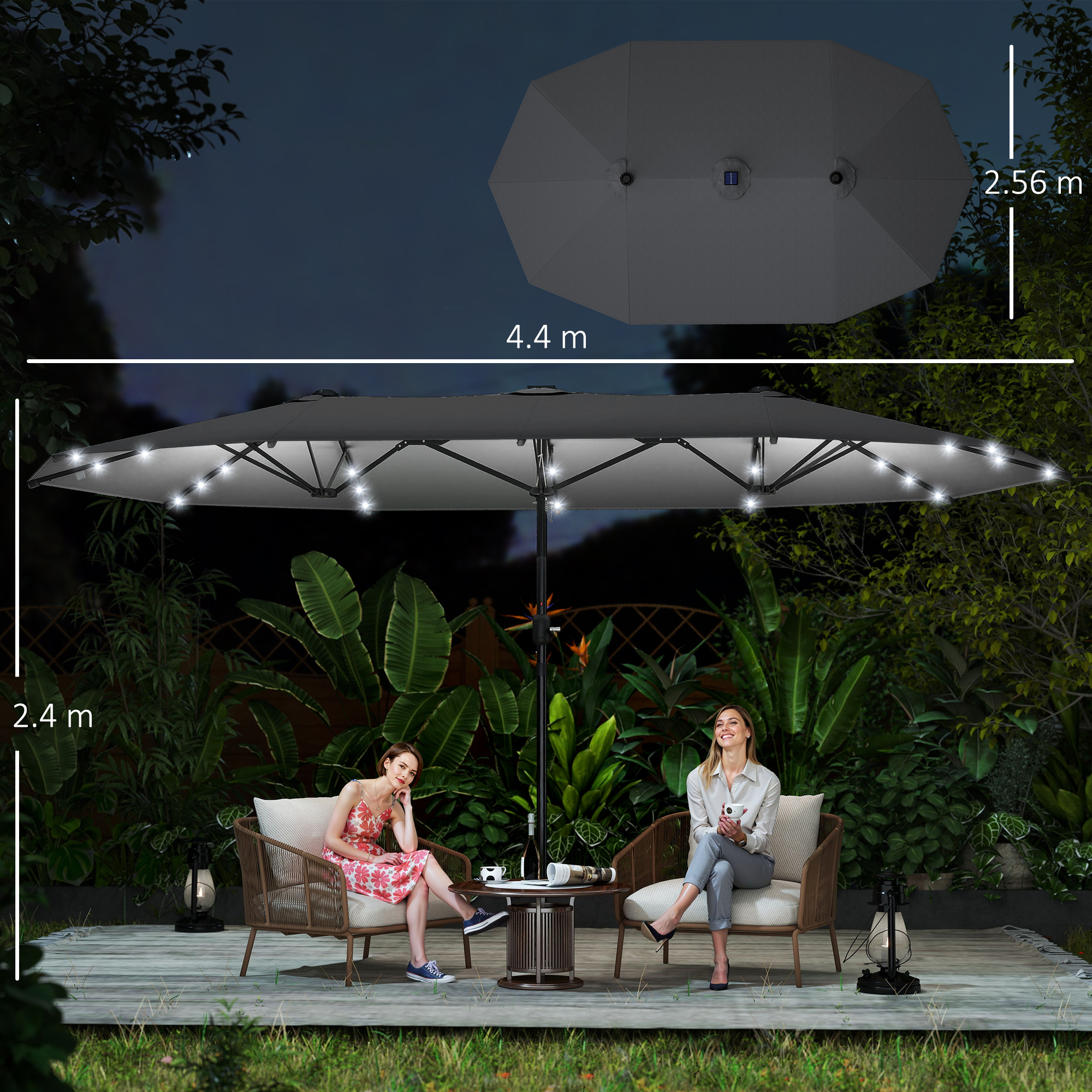 Outsunny 4.4m Double-Sided Sun Umbrella Patio Parasol LED Solar Lights Dark Grey 3