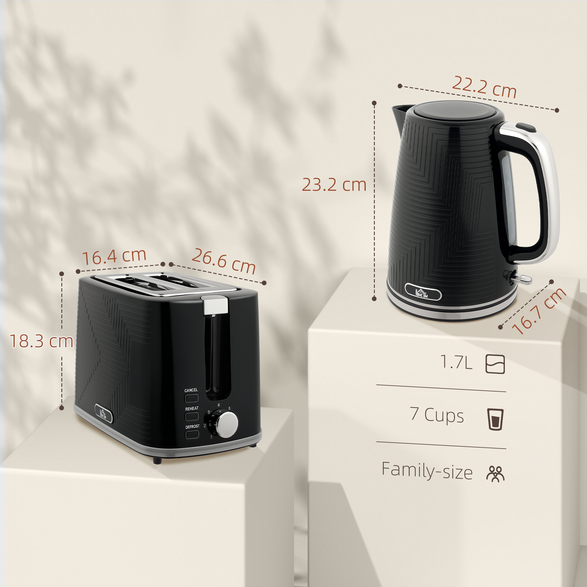 HOMCOM Modern Kettle and Toaster Set Black 3