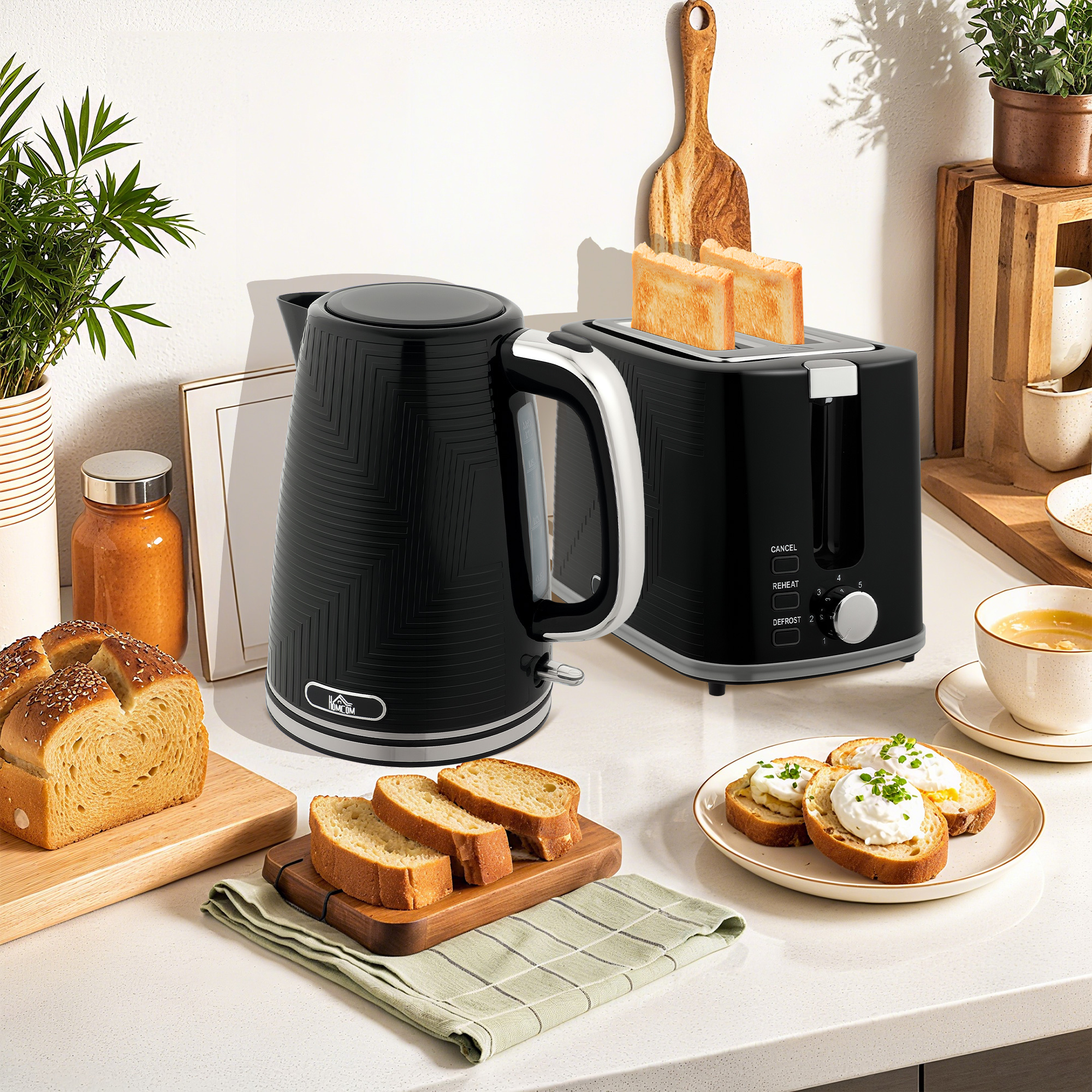 HOMCOM Modern Kettle and Toaster Set Black 9