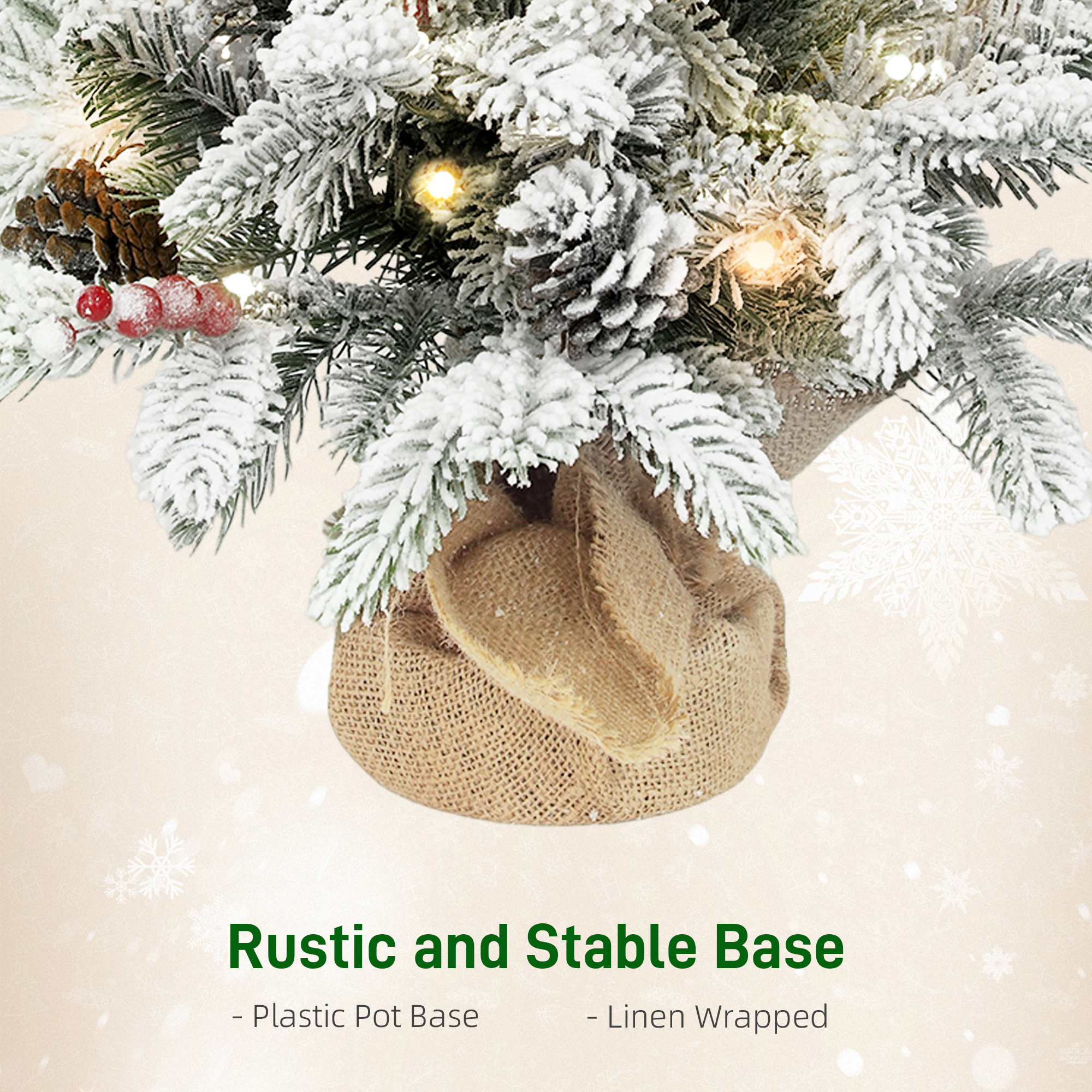 HOMCOM 60 cm Prelit Small Christmas Tree with 35 LED Lights, Snow Flocked Tabletop Mini Xmas Tree with Pine Cones, Berry Clusters and Linen Cover Base, Battery Operated, Green 7