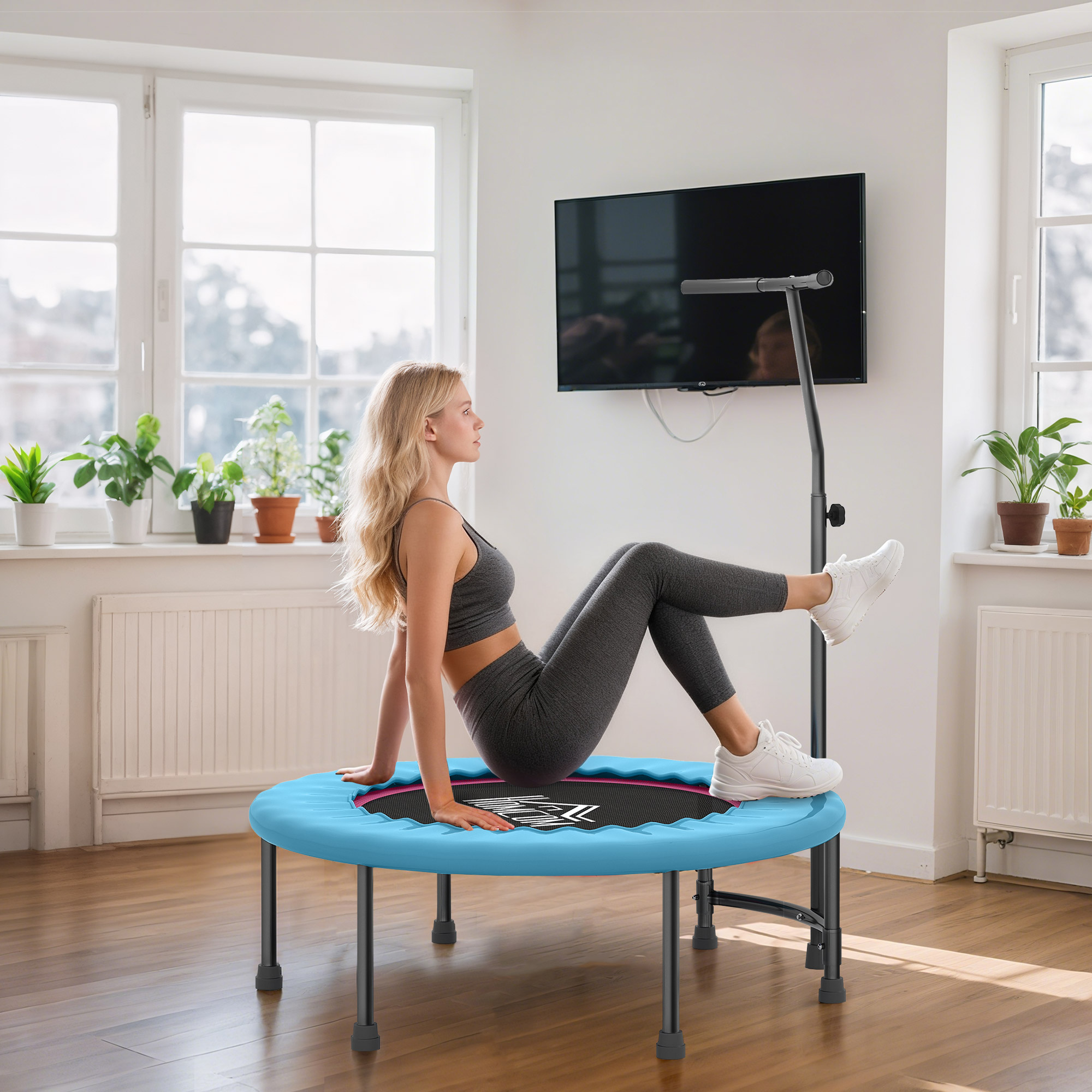 HOMCOM 40" Fitness Trampoline with Adjustable Handle, Rebounder Trampoline, Mini Jumper for Indoor Exercise Workout, Blue 8