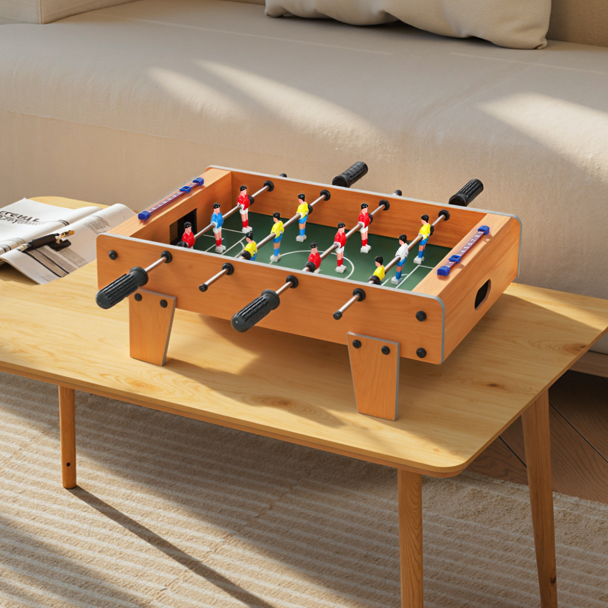 SPORTNOW 20 in Table-top Football Table with Stainless Steel Rods, Compact Foosball Table for Kids and Adults, All-Inclusive Foosball Game Set for Indoor, Nature Wood Finish 7
