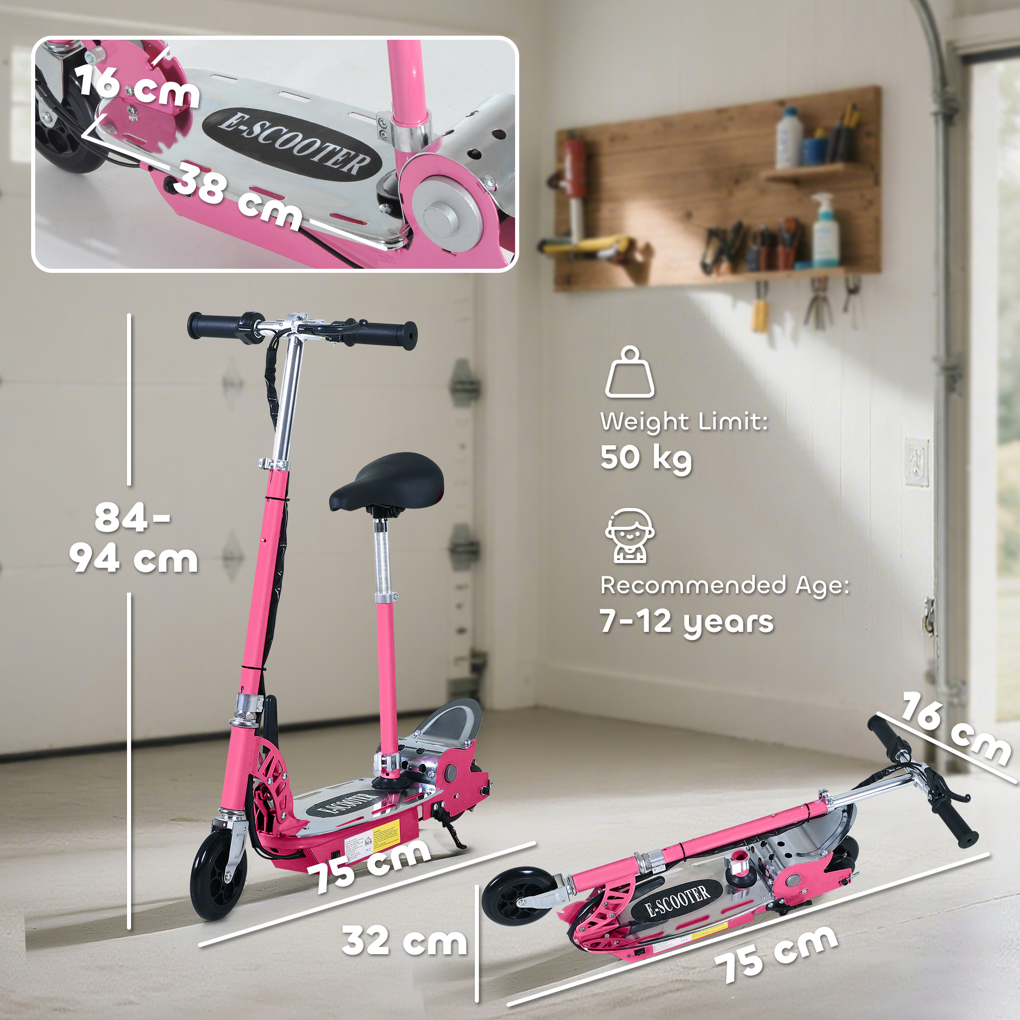 HOMCOM Foldable Powered Scooter with Adjustable Seat, Brake, Pink 3