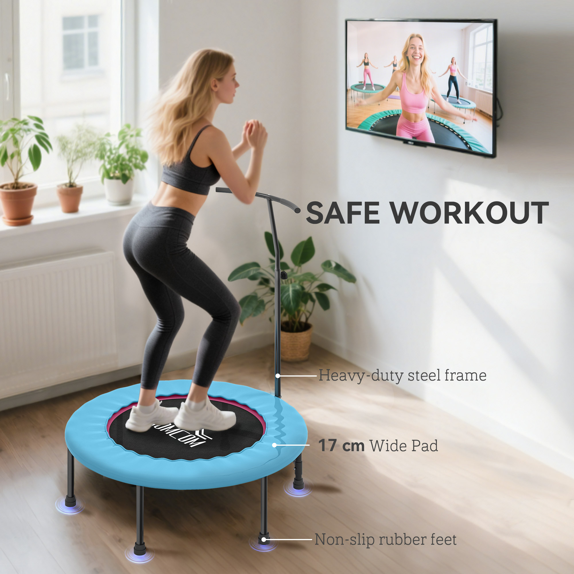 HOMCOM 40" Fitness Trampoline with Adjustable Handle, Rebounder Trampoline, Mini Jumper for Indoor Exercise Workout, Blue 6