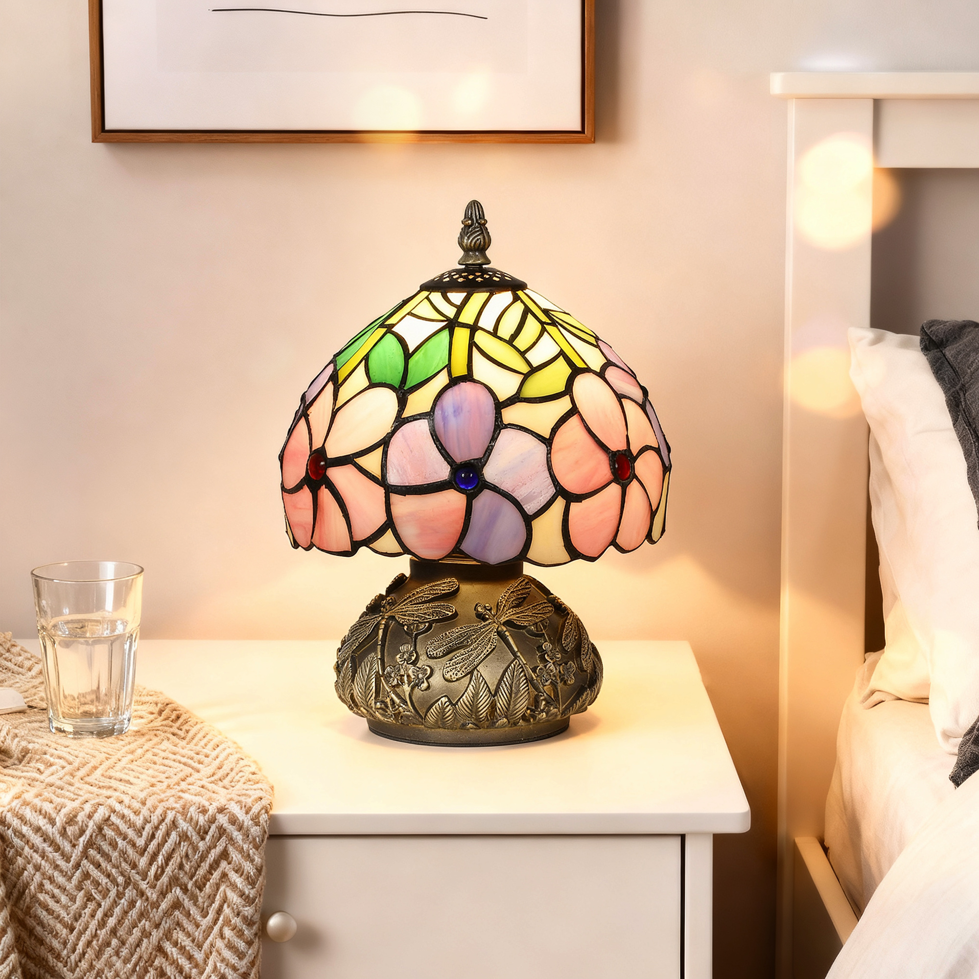 HOMCOM Tiffany-Style Table Lamp with Sculpted Dragonfly Base, Handcrafted Antique Stained Glass Bedside Lamp for Living Room and Bedroom, E27 Socket, Pink 7
