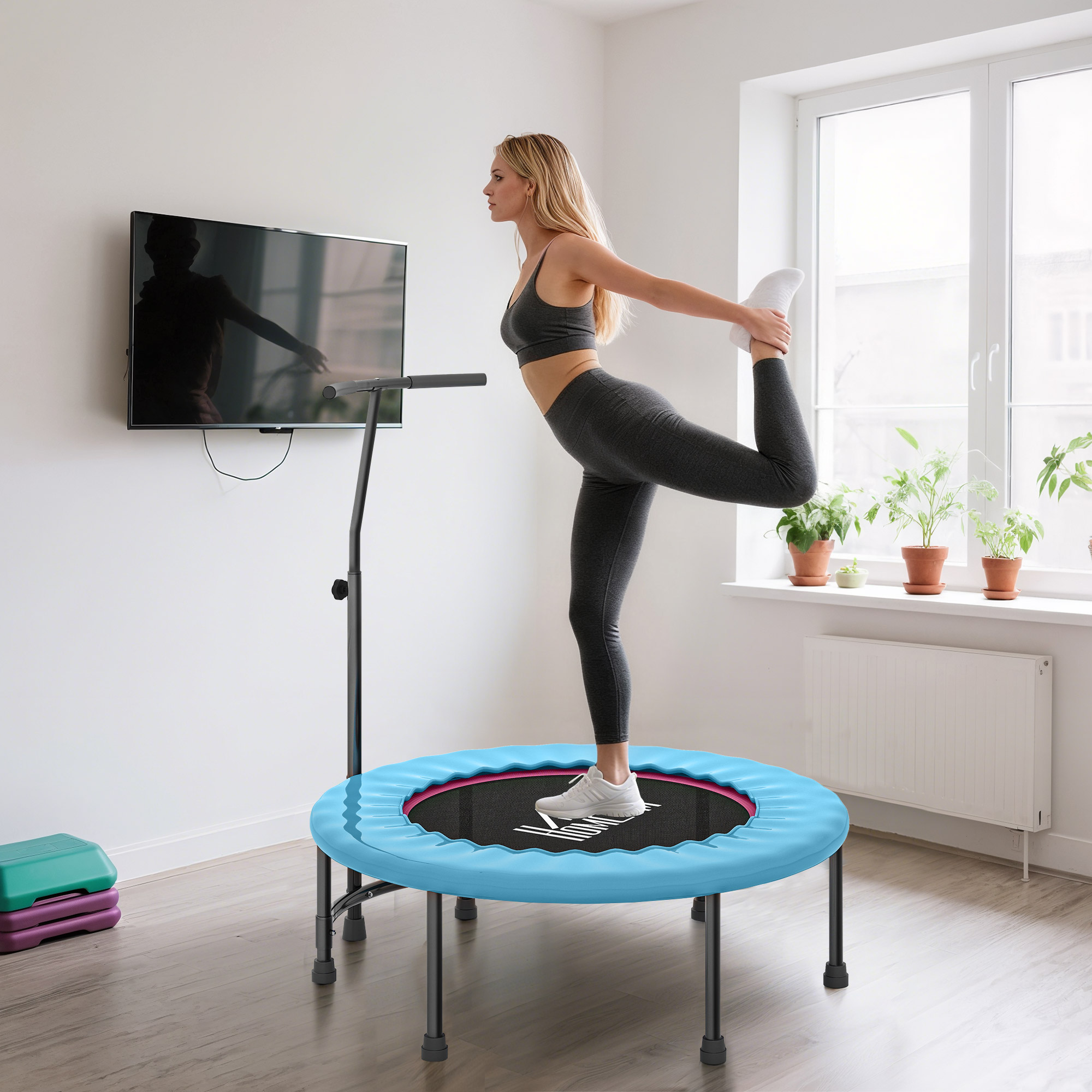 HOMCOM 40" Fitness Trampoline with Adjustable Handle, Rebounder Trampoline, Mini Jumper for Indoor Exercise Workout, Blue 9