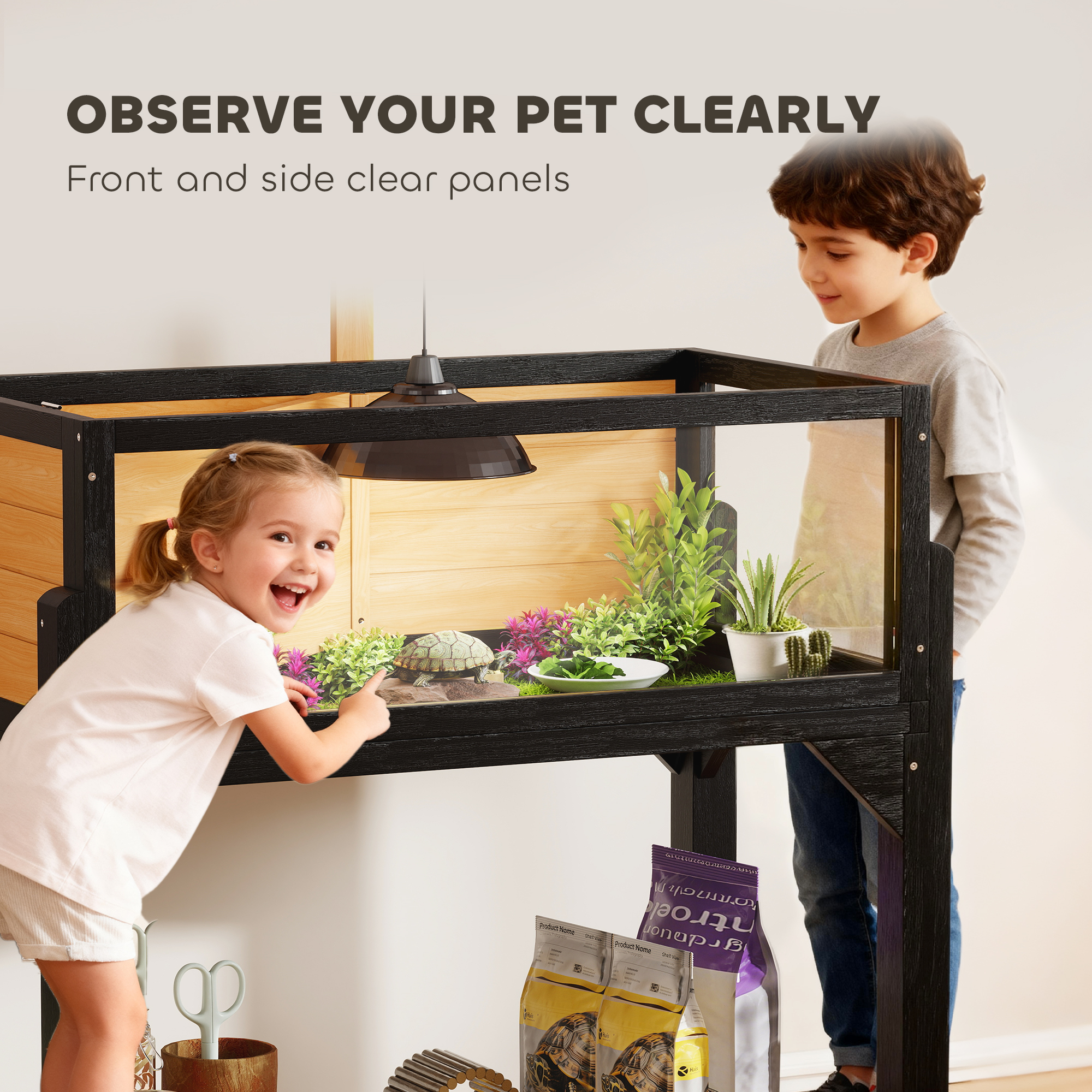 PawHut Wooden Tortoise House with Storage Shelf, Clear Observation Windows, Lamp Holder, Openable Top, Built-in Tray, Yellow 5