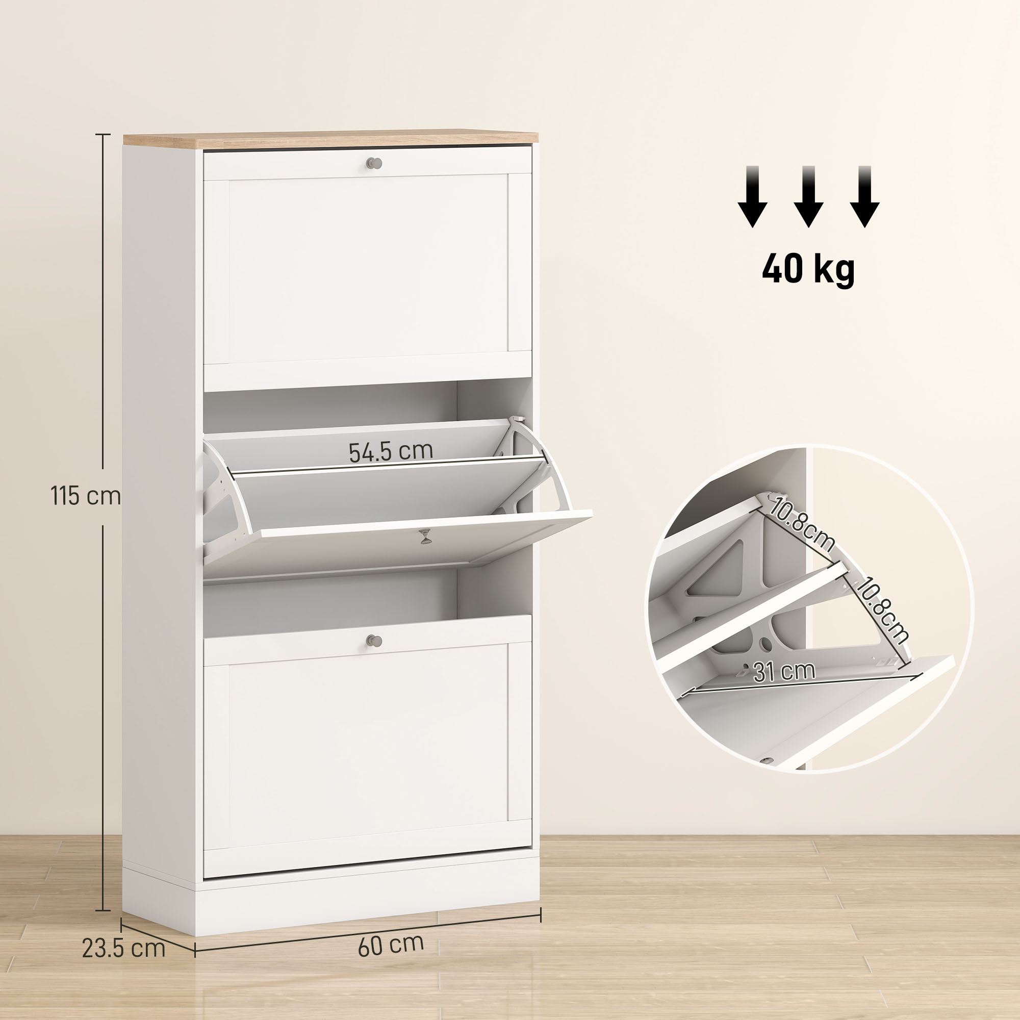 HOMCOM Modern Compact Three-Drawer Shoe Storage Cabinet White 3