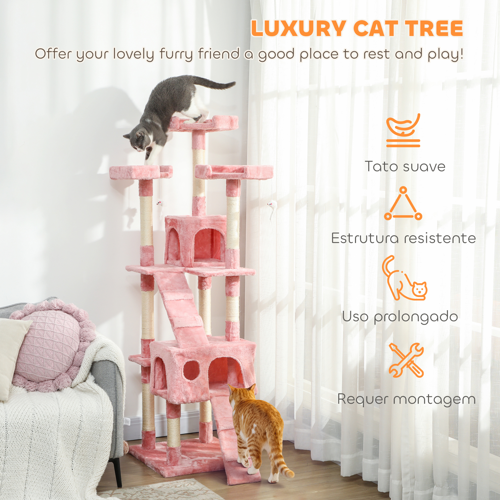 PawHut 173cm Cat Tree Scratching House, Activity Play Centre, Pink 4