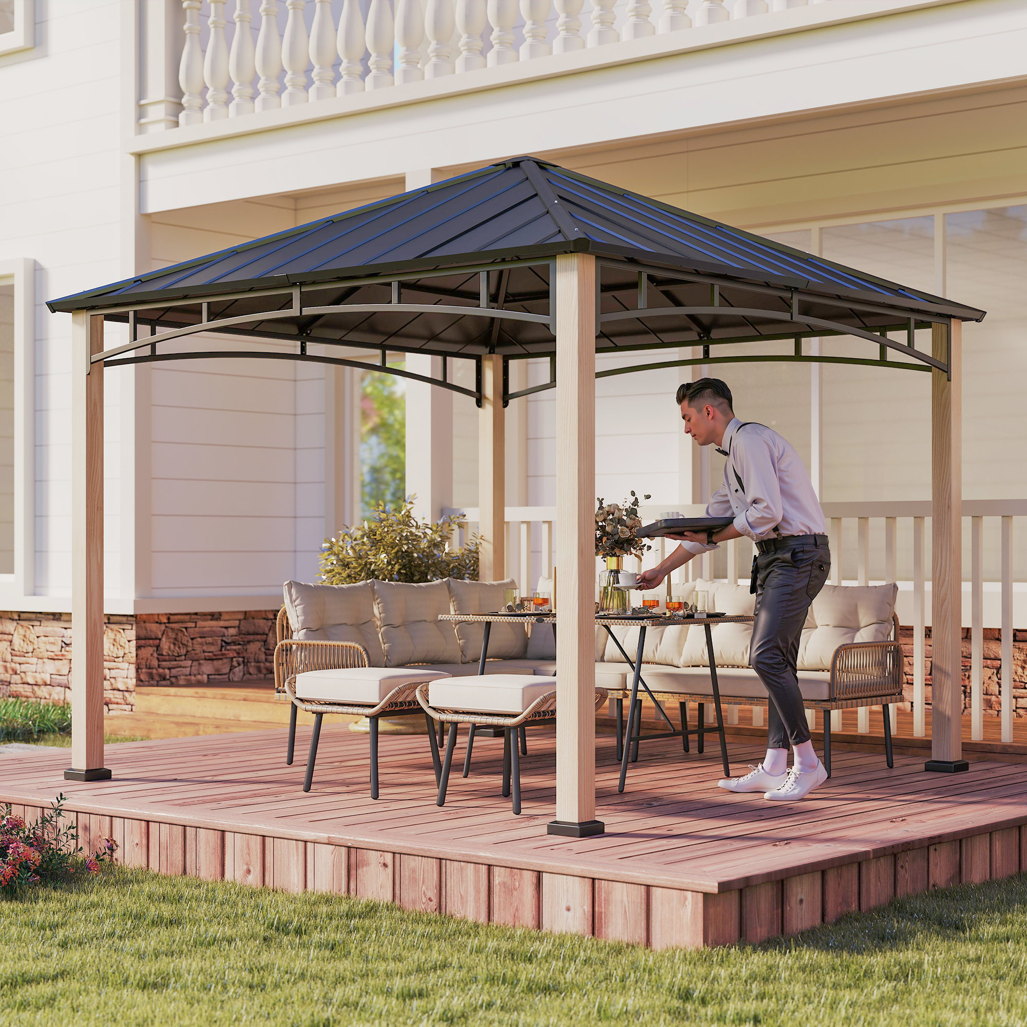 Outsunny 3 x 3 m Decorative Metal Gazebo Black/Wood-Effect 9
