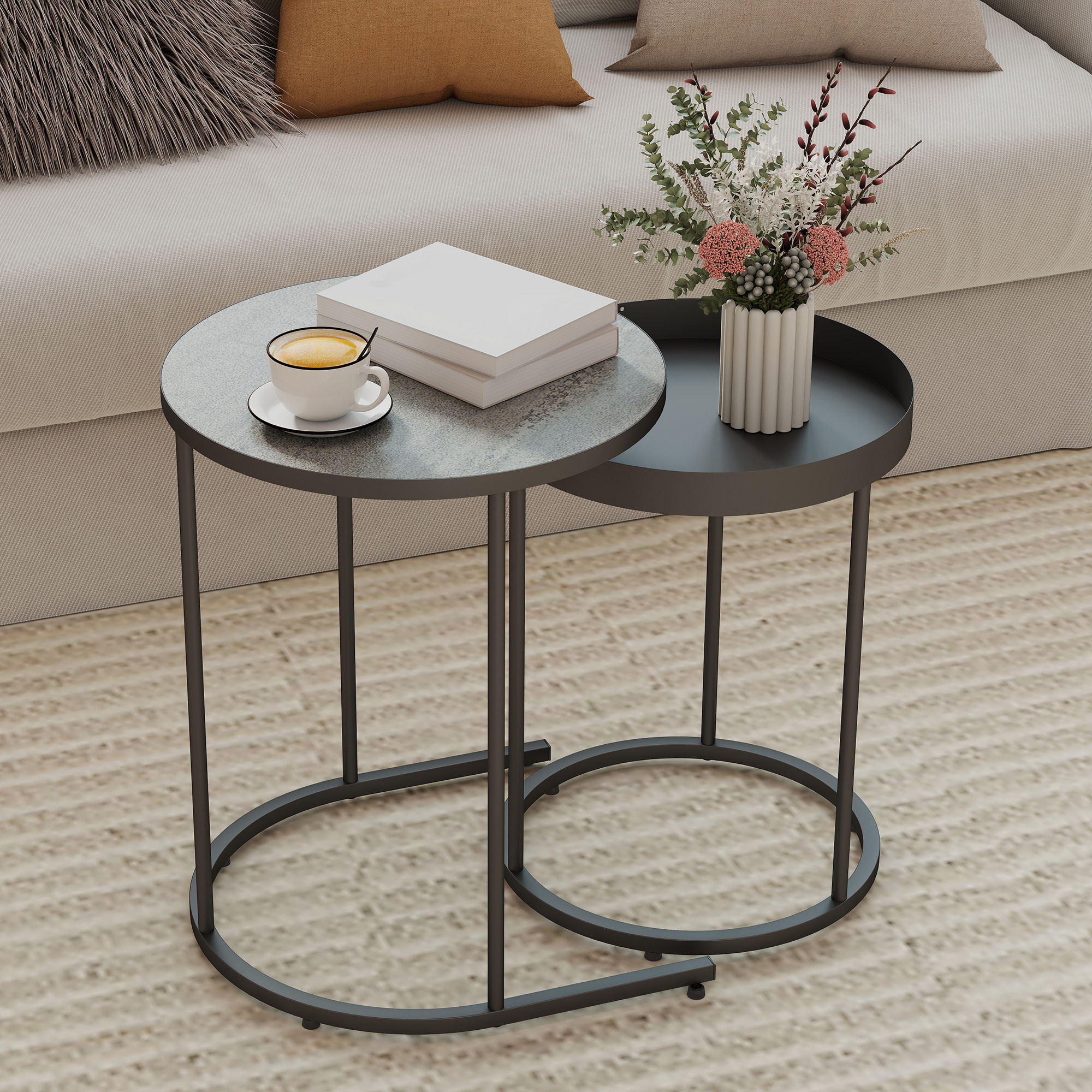 HOMCOM Couchtisch Rund 2er Set Wohnzimmertisch mit Tablett-Design, Holzopti günstig online kaufen