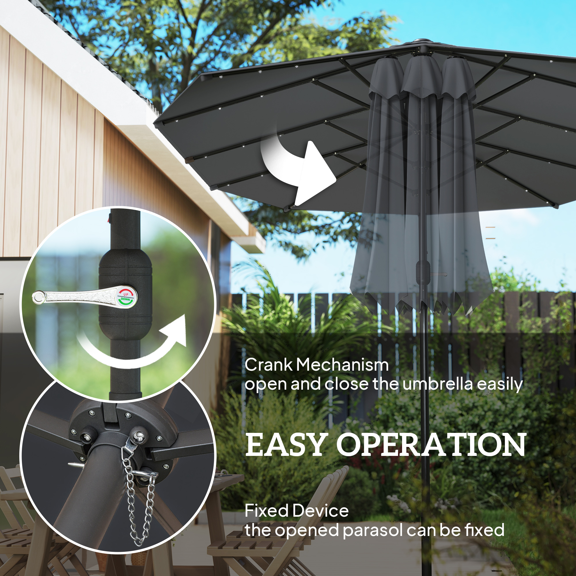 Outsunny 4.4m Double-Sided Sun Umbrella Patio Parasol LED Solar Lights Dark Grey 6