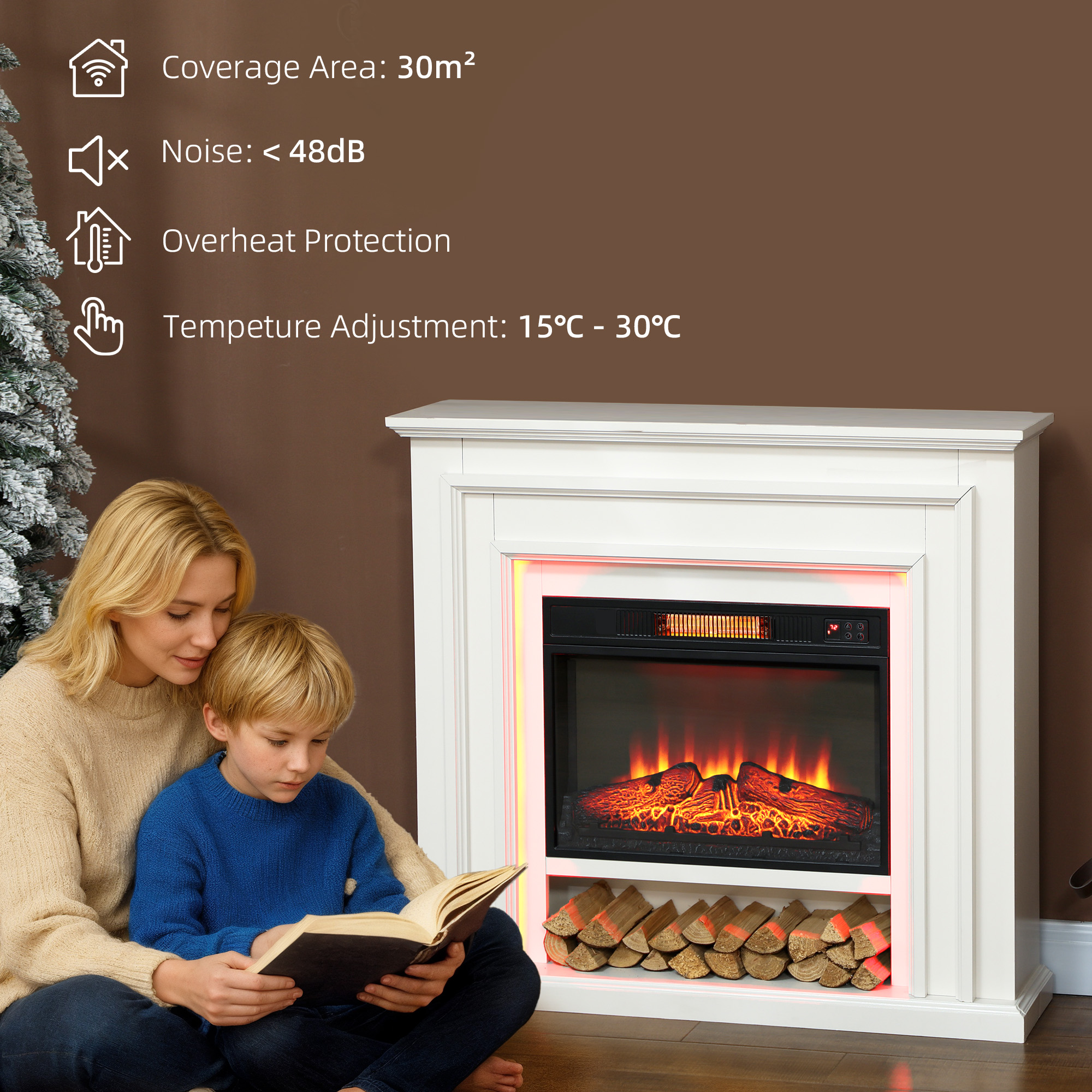 HOMCOM Electric Fireplace with RGB LED Lights, Realistic Flame Effect & 3 Brightness Levels, 1800W Inset Electric Fire and Mantel Reach up to 30 m² Space with Remote & Timer for Living Room, White 7