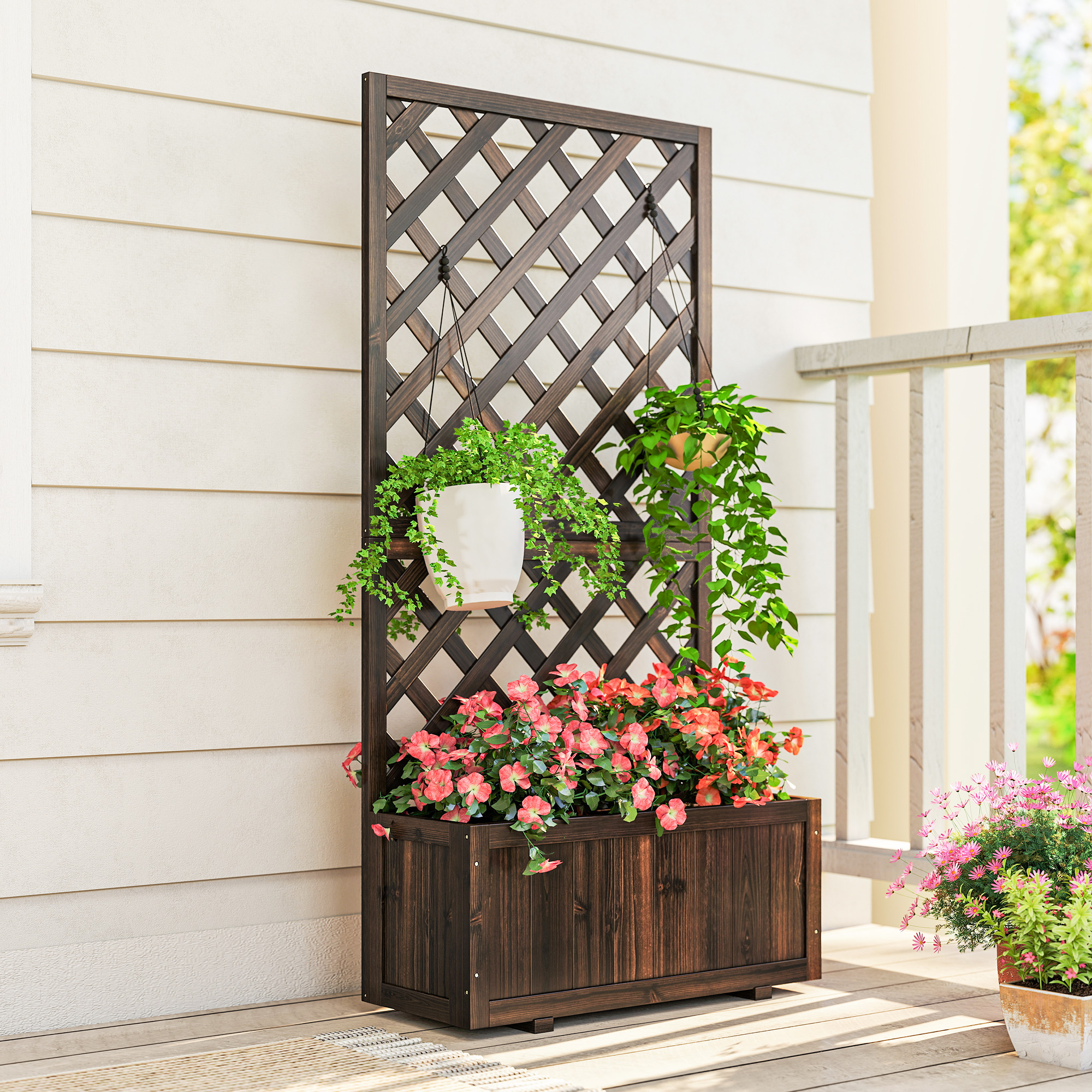 Outsunny Garden Planter with Trellis, 45L Raised Bed for Climbing Plants, Vines, Flowers, Outdoor Planter Box for Patio, 72.5 x 31.5 x 149.5 cm, Carbonised Finish 8