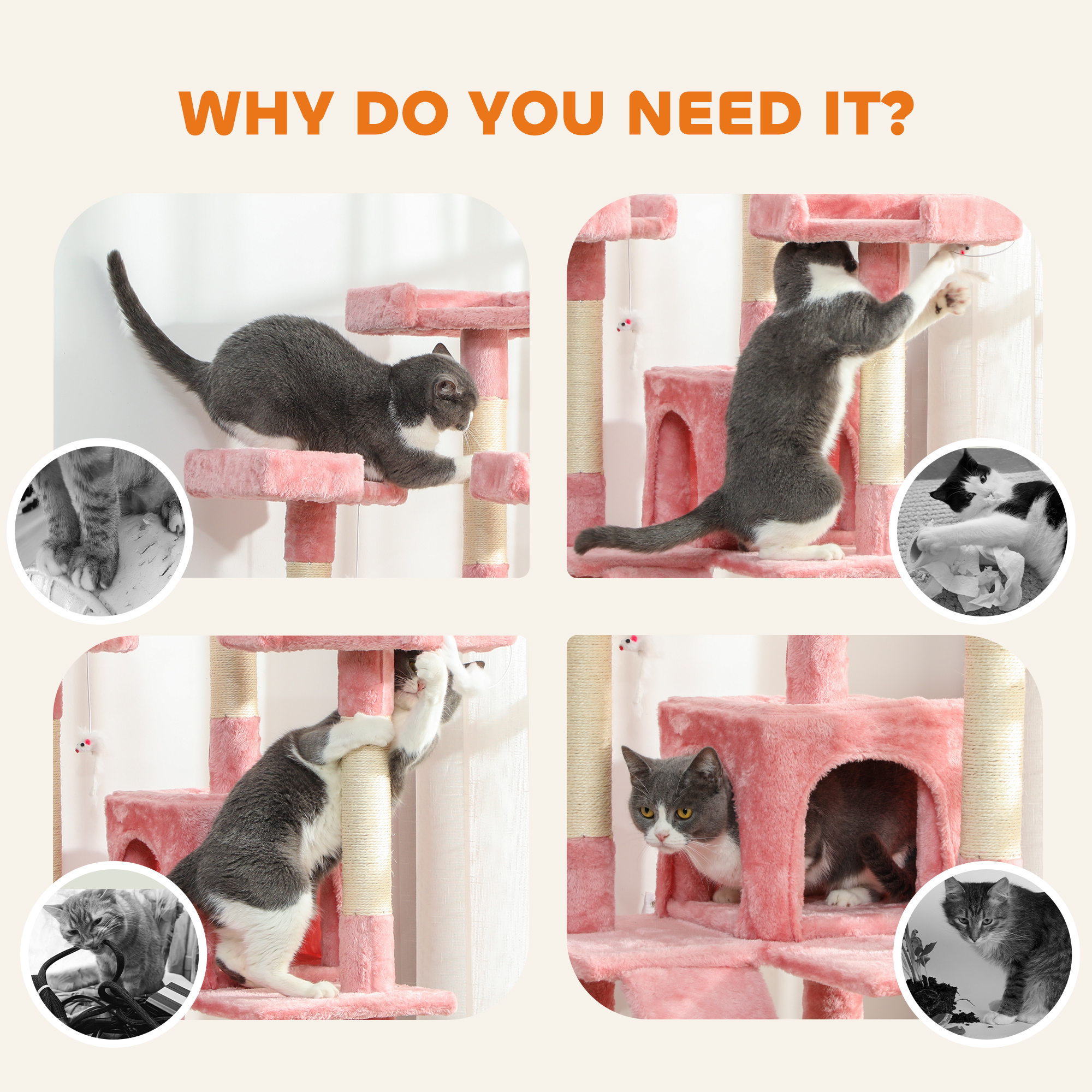 PawHut 173cm Cat Tree Scratching House, Activity Play Centre, Pink 7