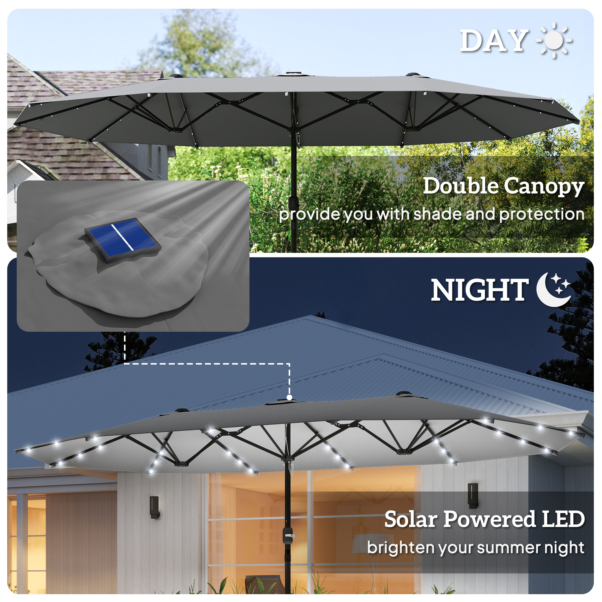 Outsunny 4.4m Double-Sided Sun Umbrella Patio Parasol LED Solar Lights Dark Grey 4