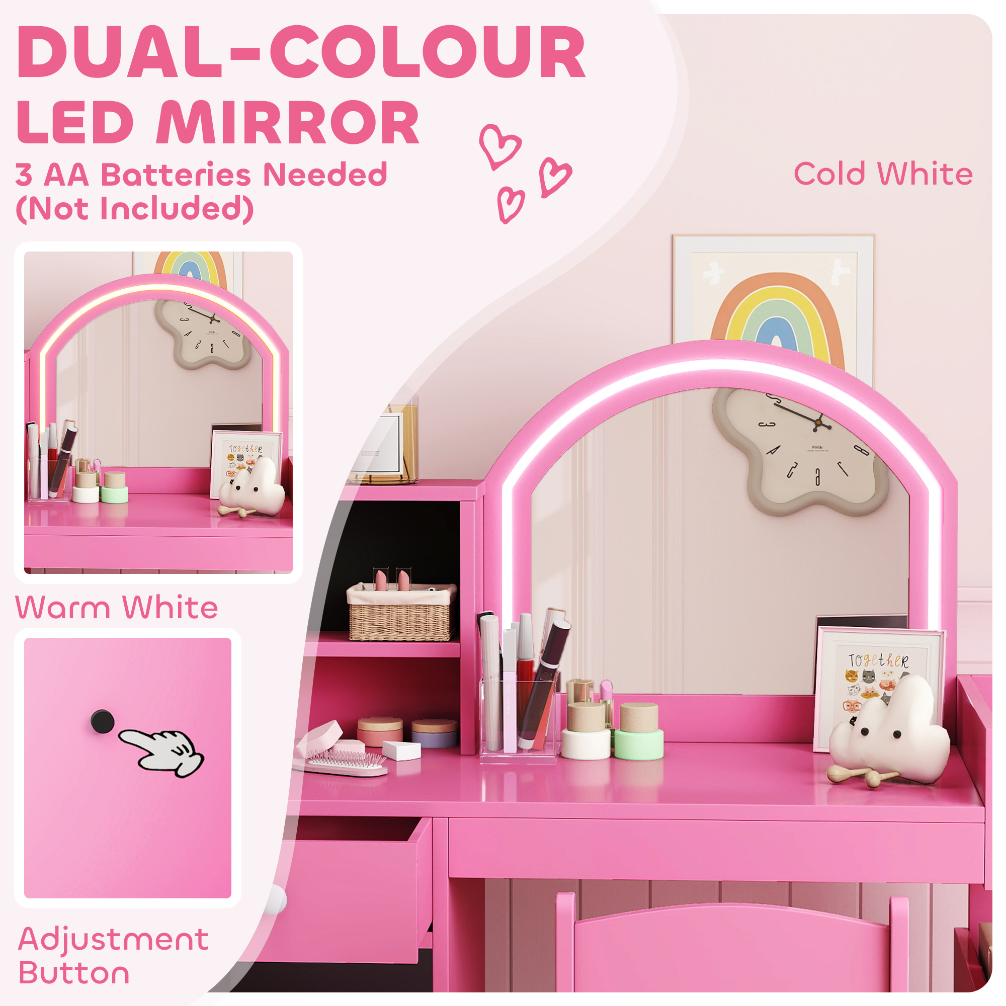 AIYAPLAY Kids Vanity Table and Chair Set, Girls Dressing Table with 2-Colour LED Mirror, Stool, Cabinet, Drawer, Shelves, Pink 5