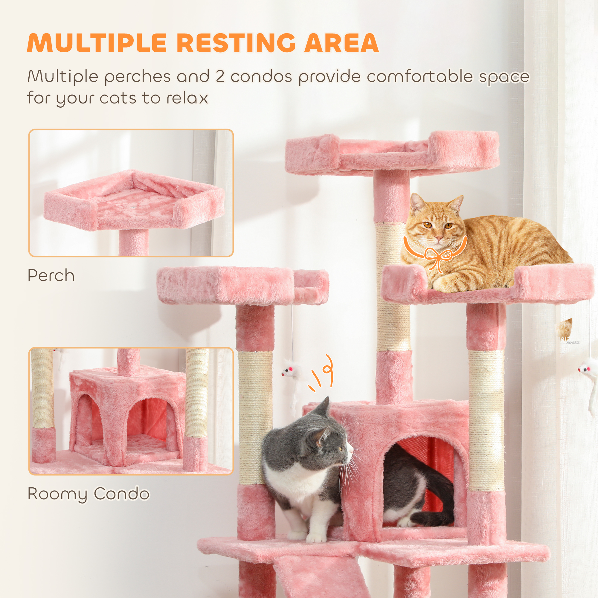 PawHut 173cm Cat Tree Scratching House, Activity Play Centre, Pink 6