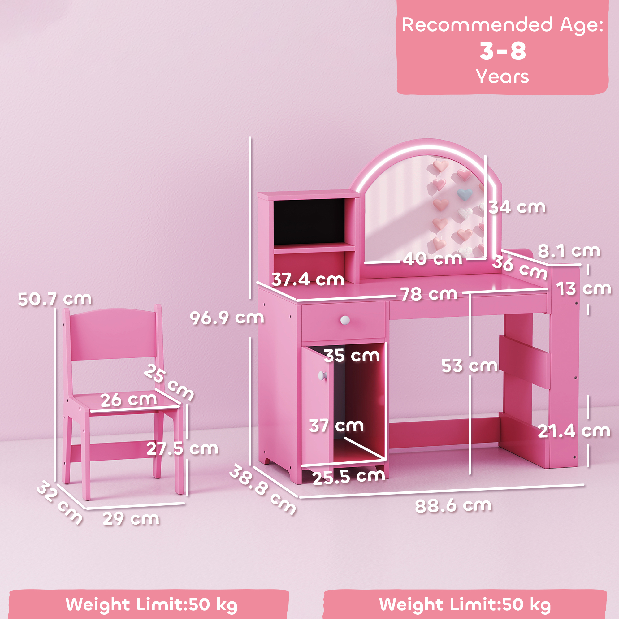 AIYAPLAY Kids Vanity Table and Chair Set, Girls Dressing Table with 2-Colour LED Mirror, Stool, Cabinet, Drawer, Shelves, Pink 3