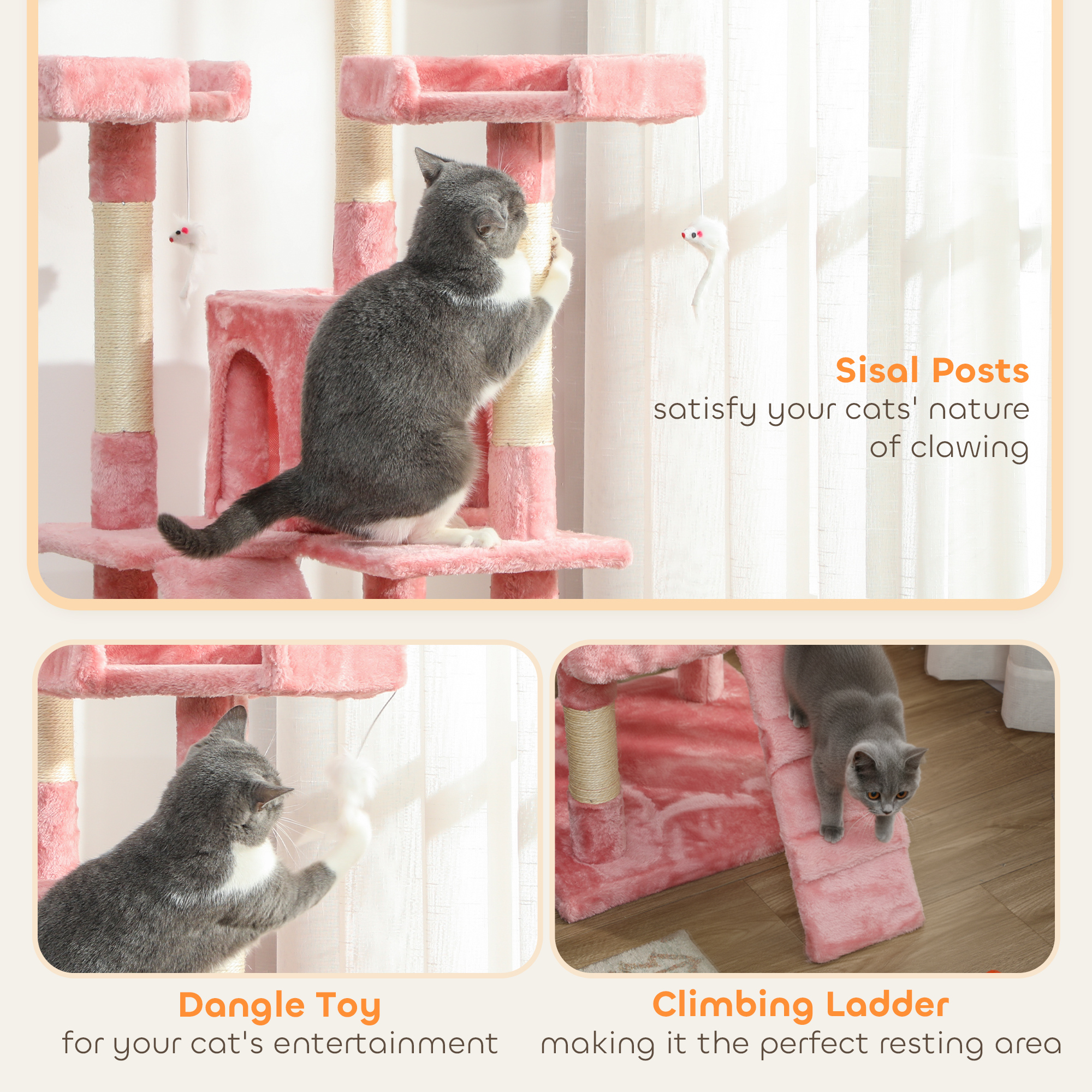 PawHut 173cm Cat Tree Scratching House, Activity Play Centre, Pink 5