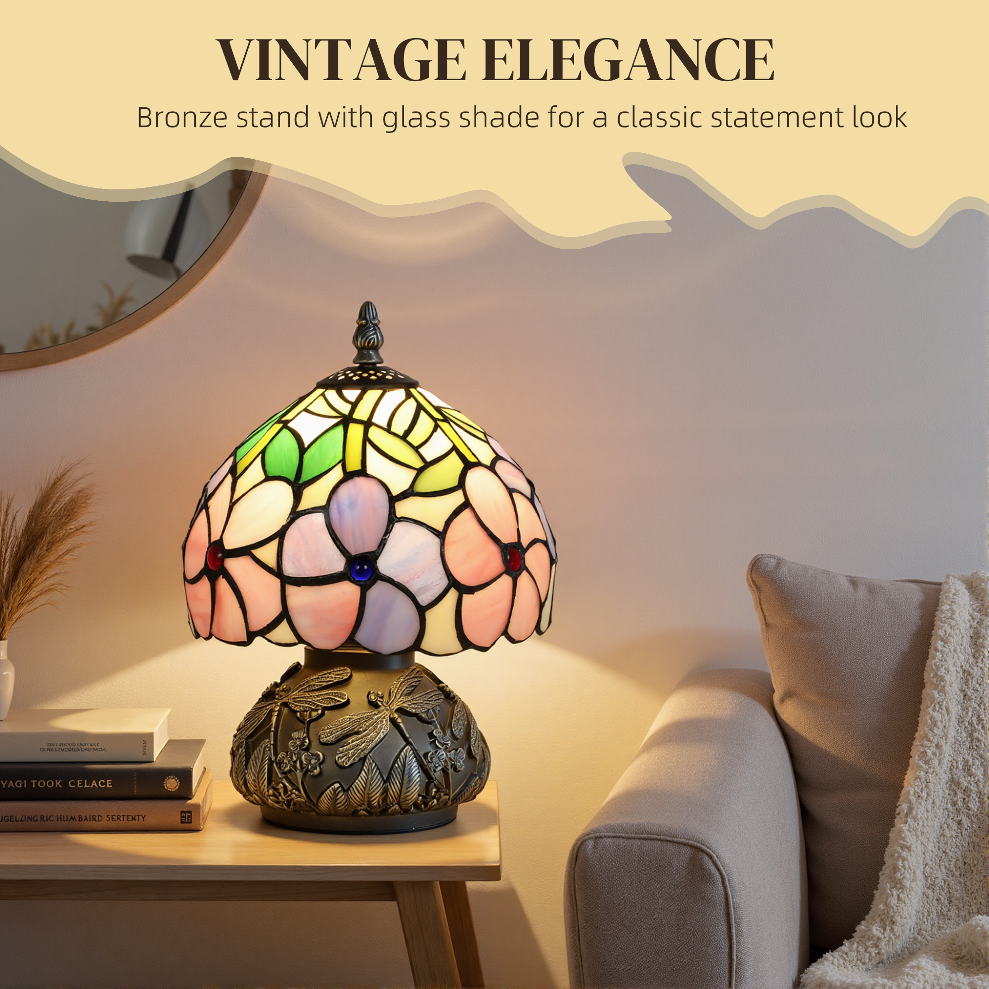 HOMCOM Tiffany-Style Table Lamp with Sculpted Dragonfly Base, Handcrafted Antique Stained Glass Bedside Lamp for Living Room and Bedroom, E27 Socket, Pink 4
