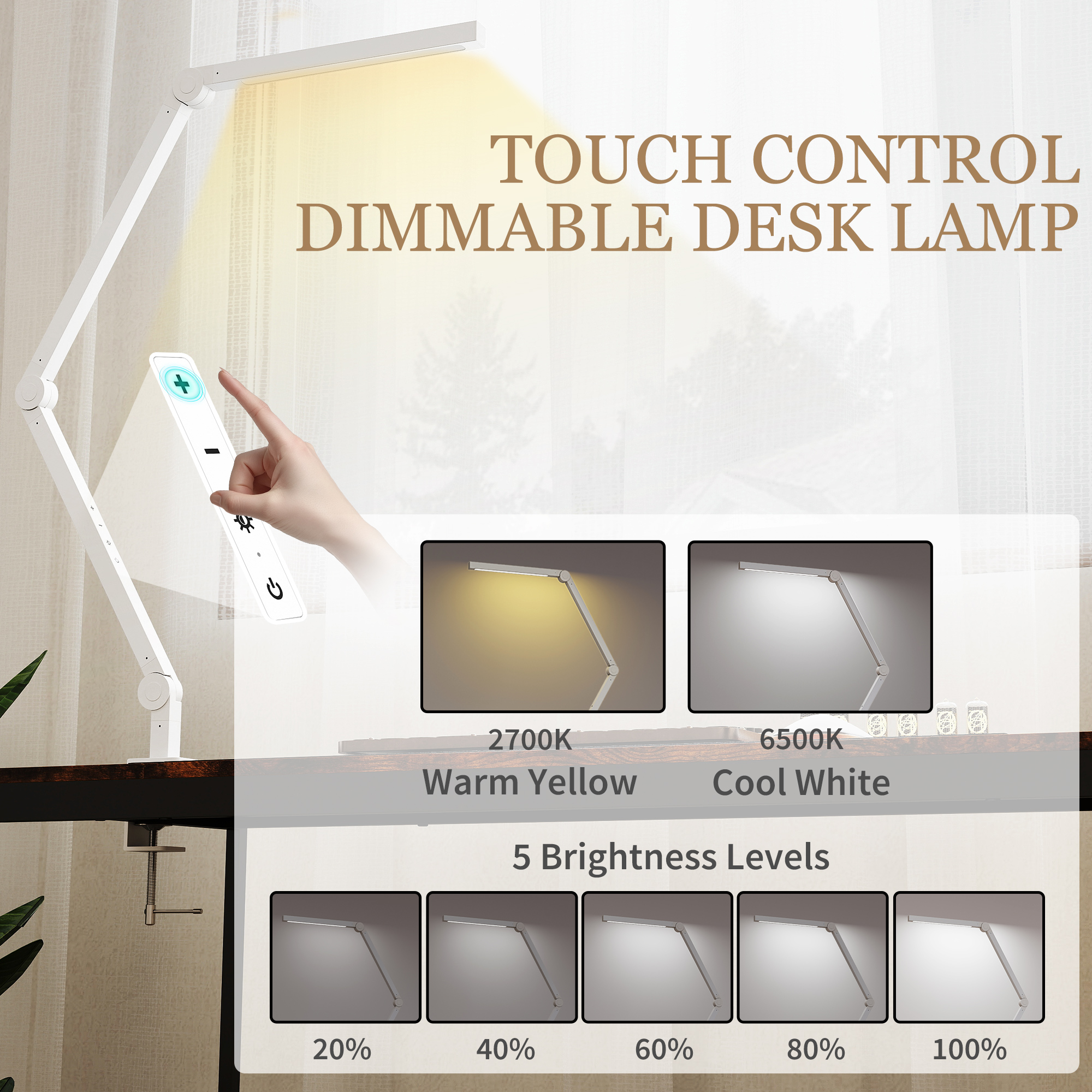 HOMCOM LED Desk Lamp, Dimmable Desk Light with Swing Arm and Clamp, Adjustable Eye-Caring Table Lamp with 2 Colour Modes & 5 Brightness Levels for Study, Drawing, Office, Architect, Task, White 4