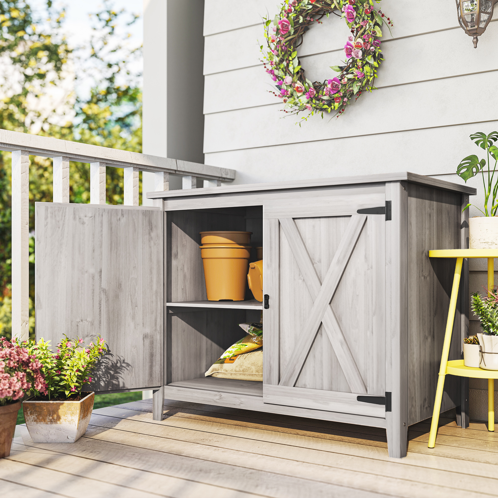 Outsunny Wooden Garden Shed, Outdoor Fir Wood Storage Shed with Shelf and Double Doors, Light Grey 2