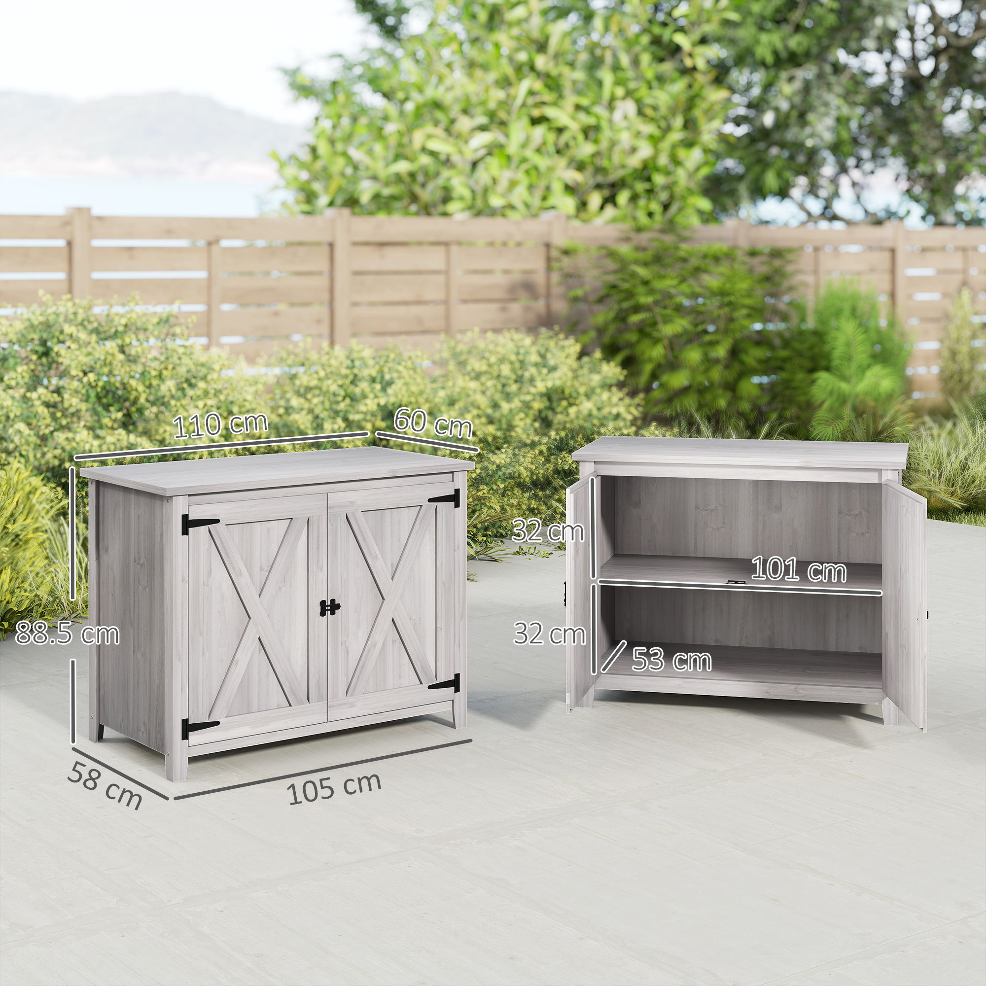 Outsunny Wooden Garden Shed, Outdoor Fir Wood Storage Shed with Shelf and Double Doors, Light Grey 3